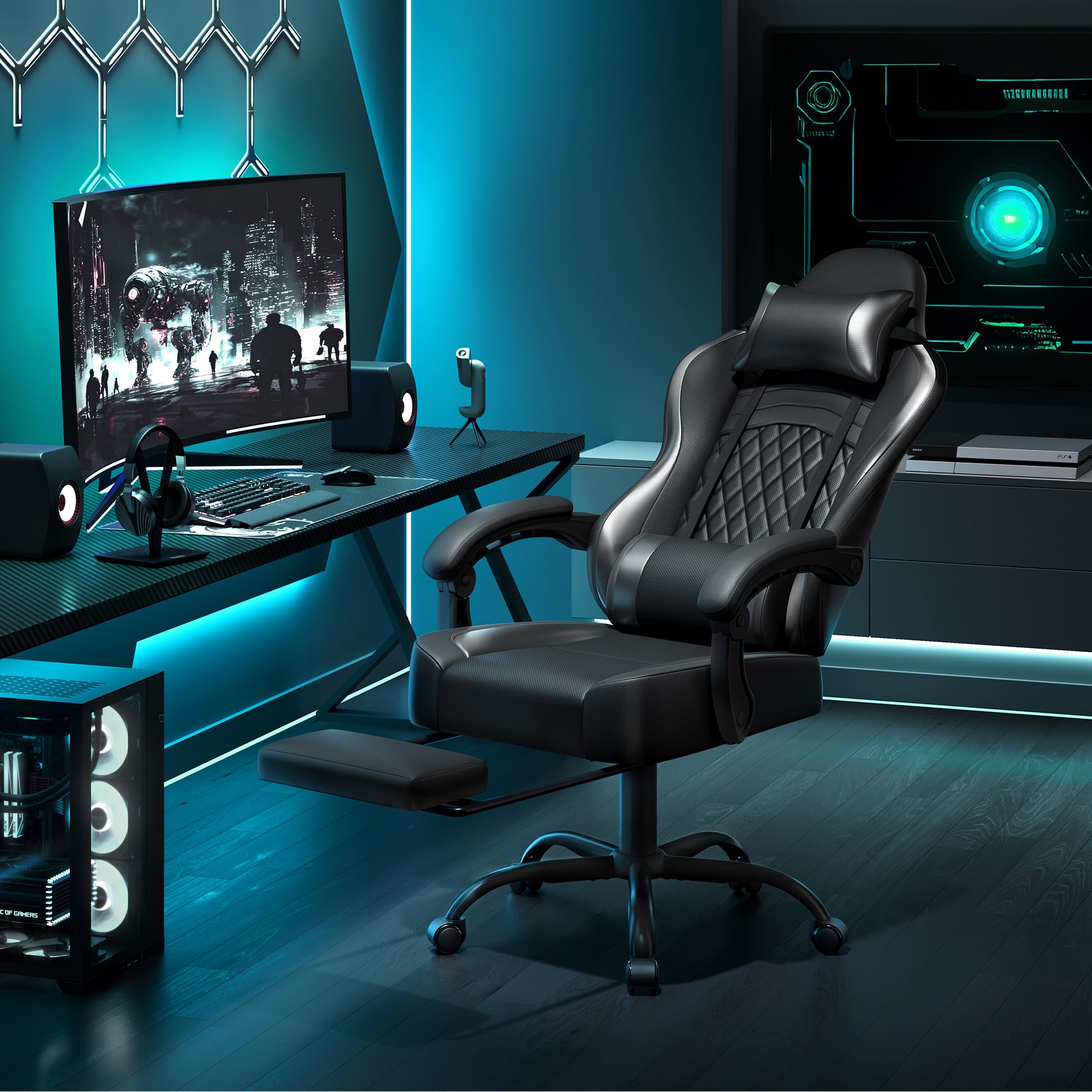 Yaheetech Gaming Stuhl, Ergonomischer Gaming-Stuhl mit Massagefunktion & Ausziehbarer Fußstütze, Verstellbare Rückenlehne, Höhenverstellbar, PC-Stuhl Computerstuhl Drehsessel (Schwarz)