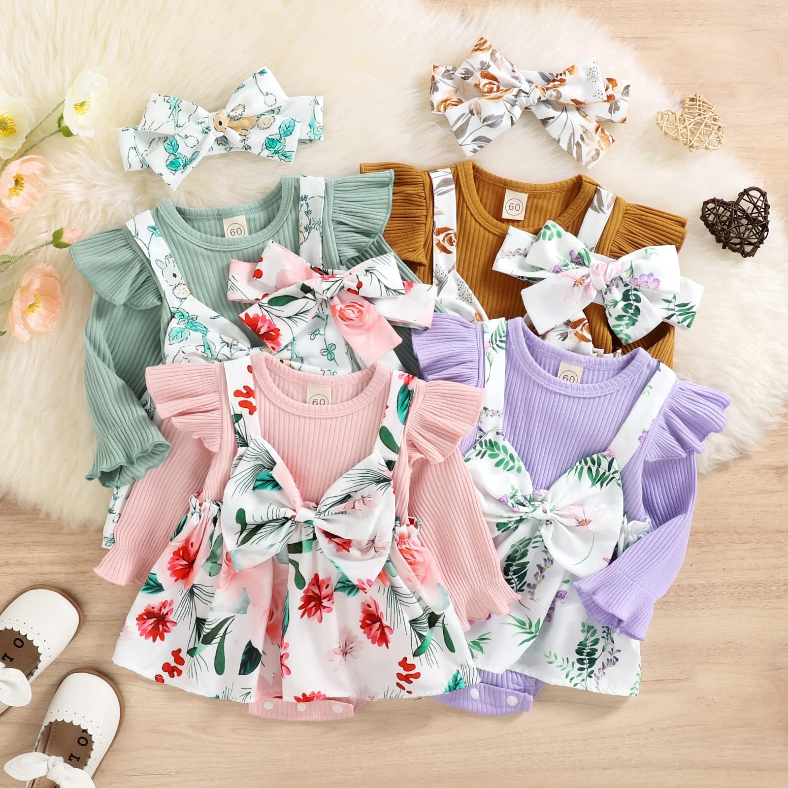Newborn Baby Girl Clothes Christmas Romper Dress Long Sleeve Bodysuit Plaid Suspender Skirt Dress Fall Winter Outfit(Purple,3-6 Months)