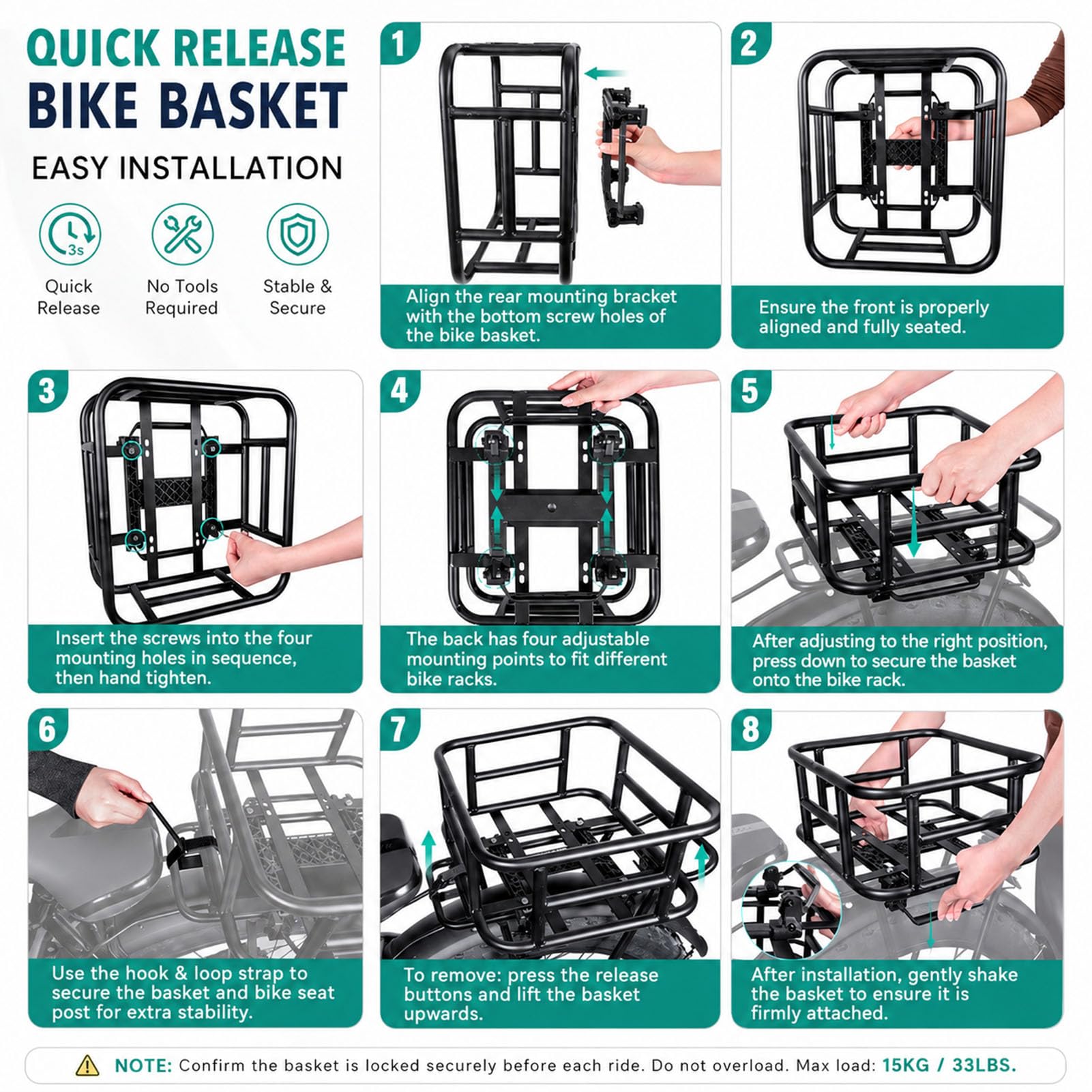 Cesta Portaequipajes para Bicicleta con Estructura de Acero, Funda Oxford Extraíble y Sistema de Desmontaje Rápido, para Compras, Desplazamientos y E-Bike,Small Basket