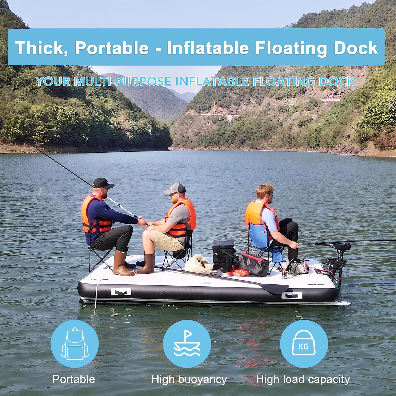Quai de pêche gonflable – Capacité de 220/380 kg | Pont en PVC épais | Double pontons | Idéal pour la pêche sur le lac, les fêtes à la piscine et l'utilisation sur la plage | Option 2 m/2,5 m