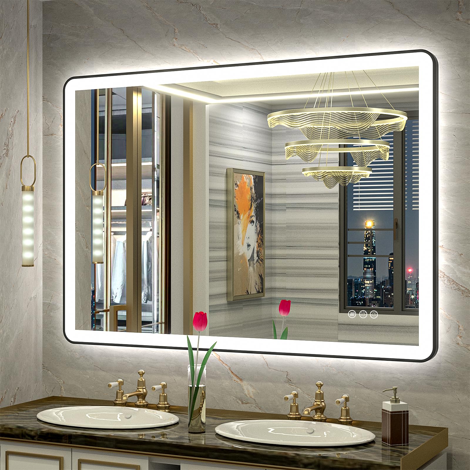 40"x32" Led Lighted Bathroom Mirror, Dimmable Framed Bathroom Vanity ...