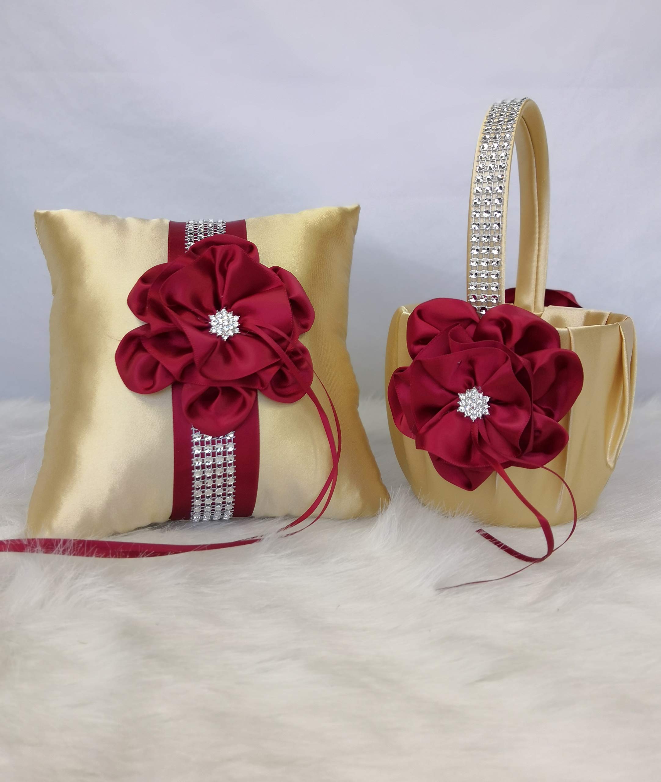 Abbie Home Flower Gold Girl Basket + Ring Pillow Satin Cover with Burgundy Ribbon Flower Rhinestone Decor Luxury Satin Collection Party Favor Set (Burgundy+Gold Basket/Pillow)