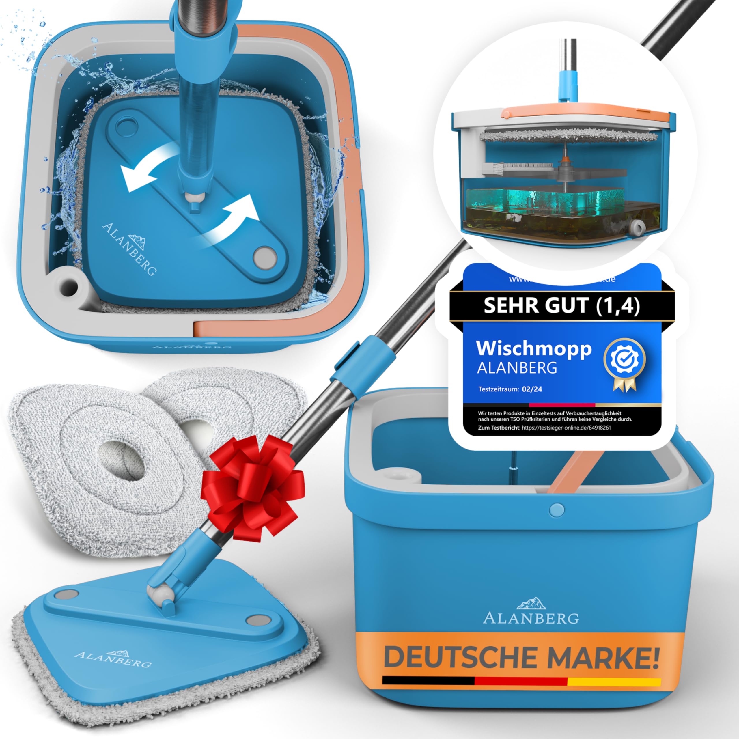 Wischmopp Set mit Eimer, 2-Kammer-System & 2 Mikrofaser-Pads, Flachmopp Bodenwischer mit Edelstahlstiel & Auswringfunktion, Nass- und Trockenmopp für Home & Bodenreinigung, Blau – ALANBERG®