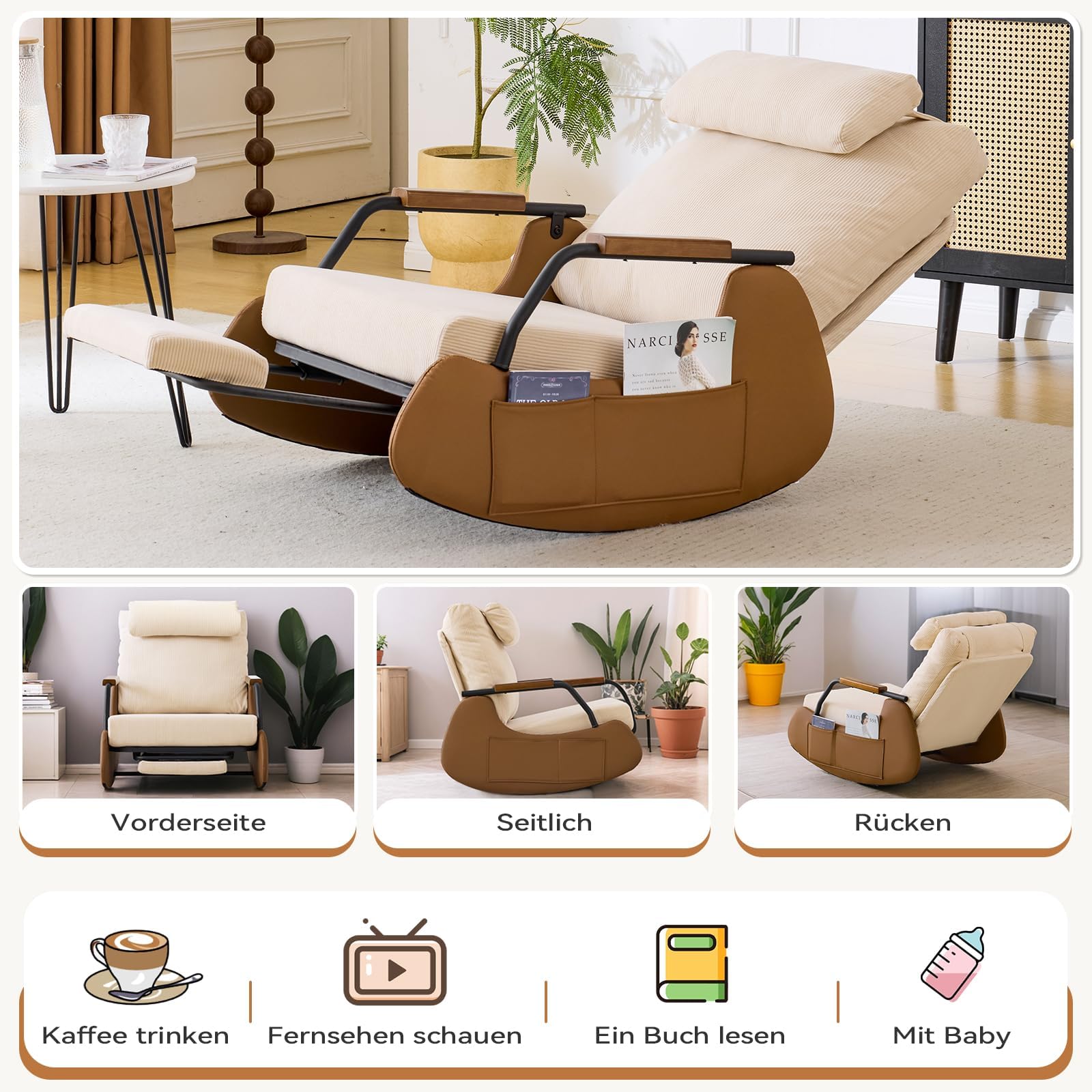 AVAWING Schaukelstuhl mit Klappbarer Rückenlehne,Schaukelsessel mit Kordober Holz und PU,Rocking Chair Schwingsessel für Wohnzimmer,Schlafzimmer,Beige