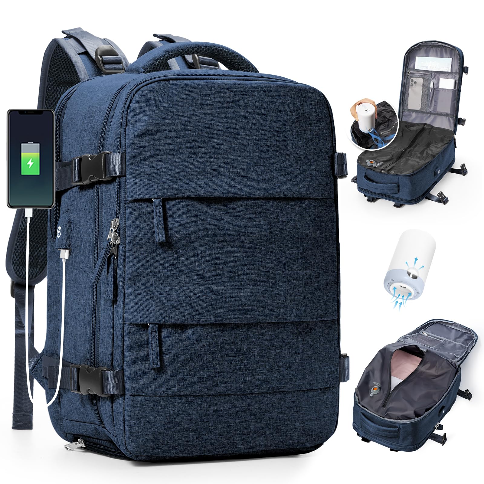 BJLFS Zaino da Viaggio con Sottovuoto Ryanair 40x30x20 Wizzair Bagaglio a mano 40x20x25 Ryanair con Pompa Borse da Cabina per Easyjet 45x36x20 con compressione sottovuoto,Zaino Casual per Laptop