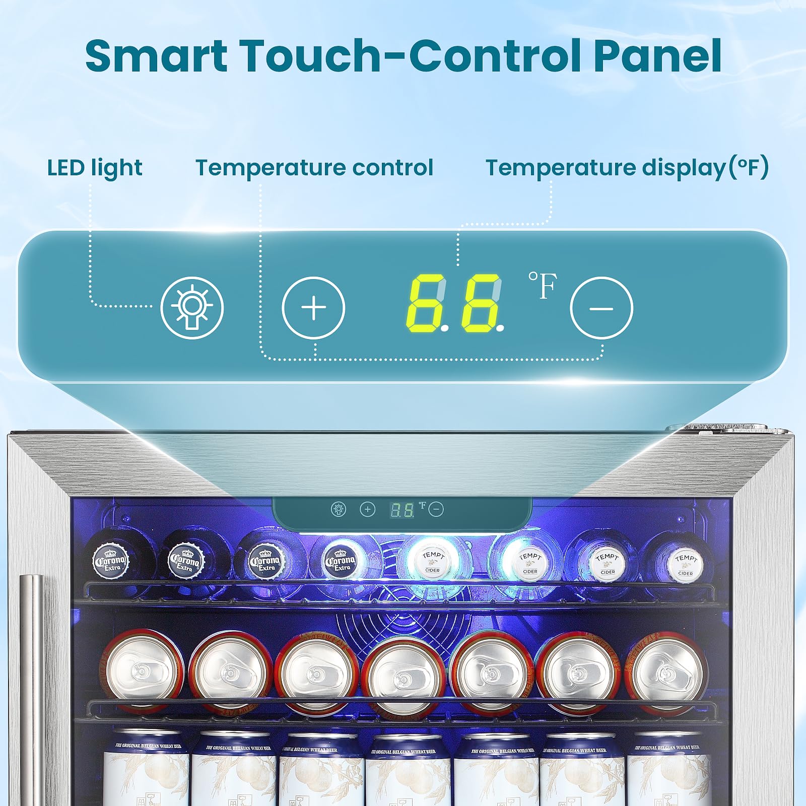 Antarctic Star 166 Can Beverage Refrigerator Cooler, 5.1 Cu.Ft Mini Fridge With Safety Lock, Beverage Cooler With Glass Door/LED Light/Adjustable Removable Shelves For Home/Office/Bar(Stainless Steel) on Fridge.com - View 3