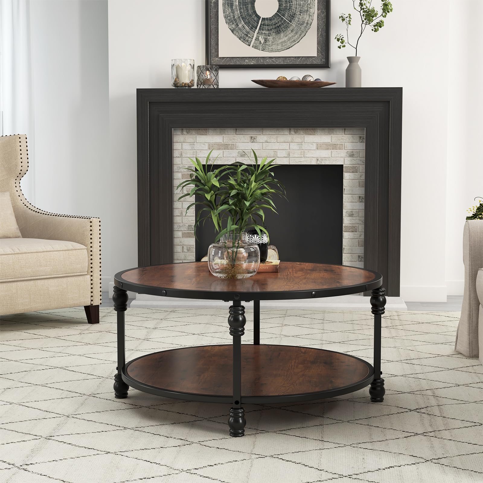 GarveeTech Table Basse Ronde 2 Niveaux en Bois avec Étagère - Cadre Métallique Colonne Romaine - Facile à Monter - 30,5 Pouces Marron Vintage
