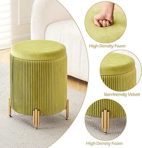 Miniatura 3 de Mxfurhawa Taburete otomano redondo con almacenamiento y patas de metal, reposapiés tapizado de terciopelo, soporte de 300 libras, mesa de centro