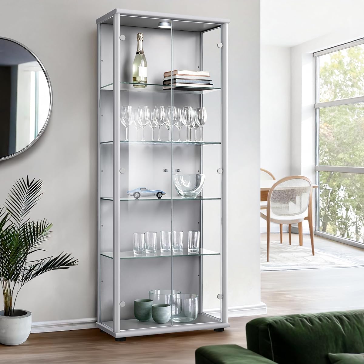 Vitrinenschrank 2-türig (176x67x33cm) - Made in Germany - Standvitrine Silber/Alu mit 4 höhenverstellbaren Glasböden & LED - Glasvitrine Stehend - Vitrine Glas - Display Cabinet