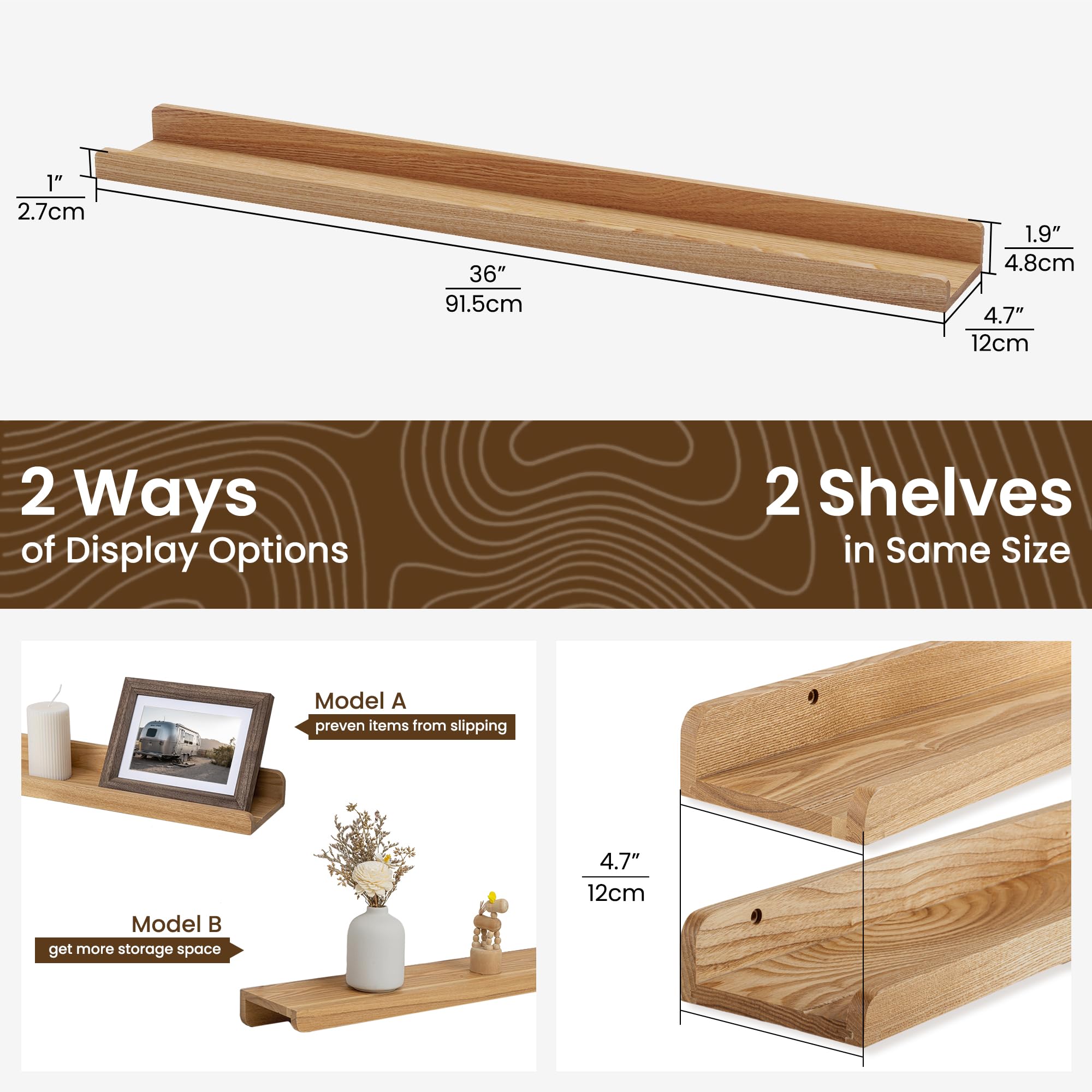 FLYJOE Estante para fotos, juego de 2 estantes flotantes de madera de fresno maciza, estantes flotantes de madera natural de 36 pulgadas con borde, estante largo para fotos para pared con repisa,