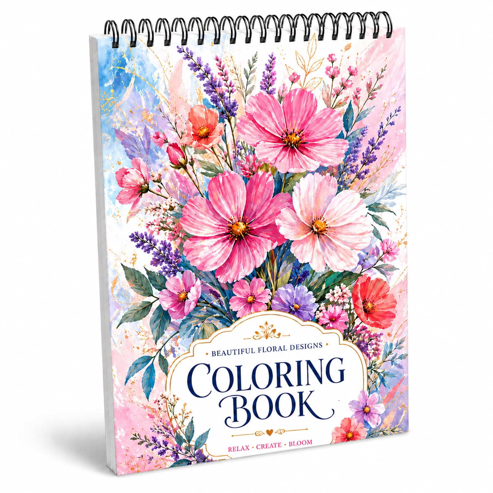 Colouring Book Floral Patterns – 46 Single-Sided Pages, Spiral Bound, for Adults and Teens, Mindfulness & Stress Relief Activity for Women, Stress Relief Pages, 8 x 12 Inches