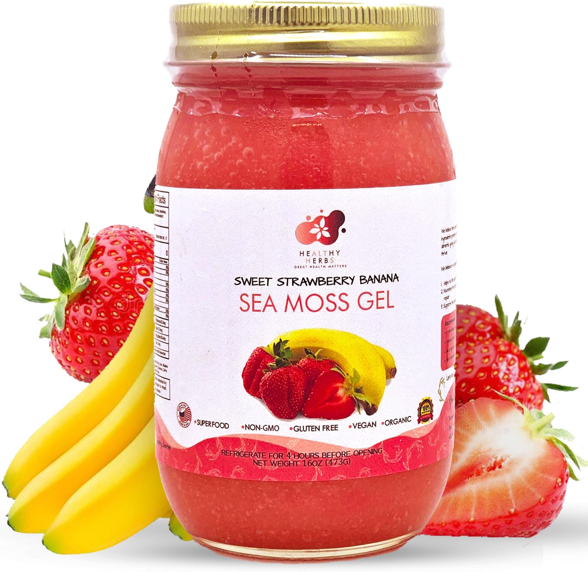Healthy Herbs Sea Moss Gel – Sweet Strawberry Banana Irish Sea Moss (16 oz) | Wildcrafted Jamaican St Lucia Gold Sea Moss Gel | Superfood with 90+ Essential Vitamins & Minerals | Vegan, Non-GMO, US-Made