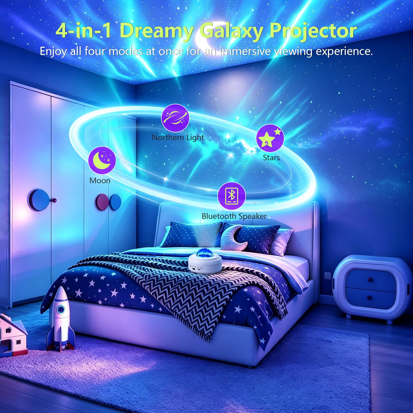 HUMIIEYE Projecteur d'étoiles avec haut-parleur Bluetooth, veilleuse à piles 1800 mAh, projecteur de galaxie, projecteur d'aurore boréale avec lune, éclairage d'ambiance pour chambre à coucher