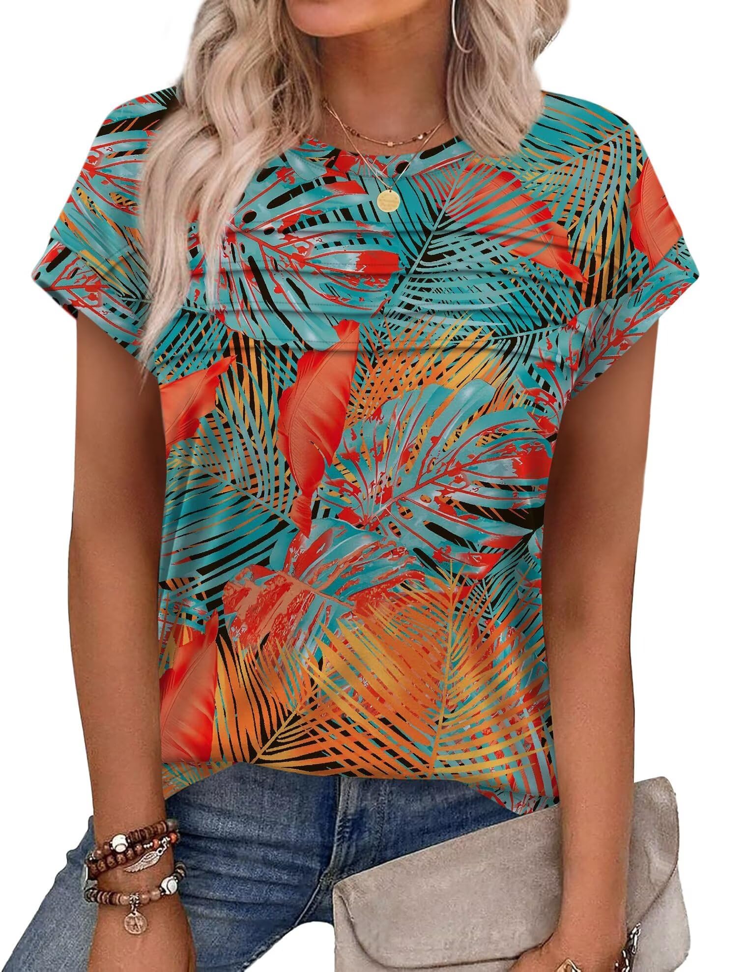 WIHOLL Cap Sleeve Tshirts Womens Summer Tops Crew Neck Pleated Front Clothes Fashion Shirts