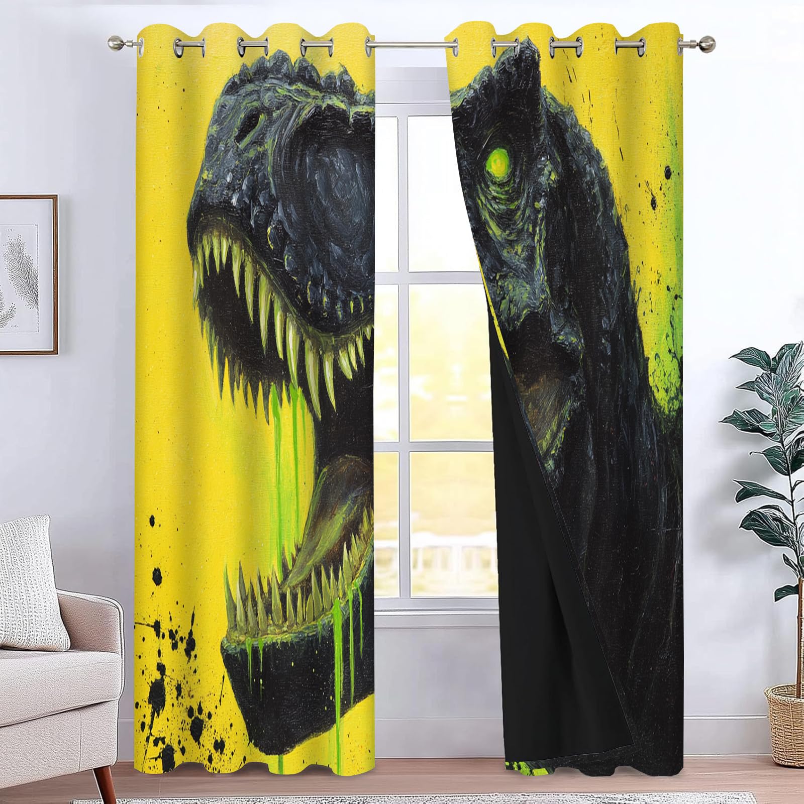 Rideau Occultant Garçons Dinosaure,Lot de 2 Rideaux Occultant Thermique Isolant à Oeillets,Résumé Jaune Decoration Chambre Salon Fenetre 140x260cm（LxH）