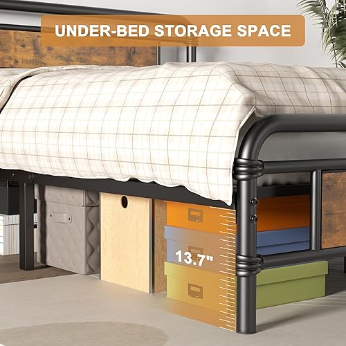 Miniatura 7 de Base de cama King con cabecero, base de cama de plataforma pesada con base de metal fuerte, fácil montaje, no necesita somier, marrón vintage