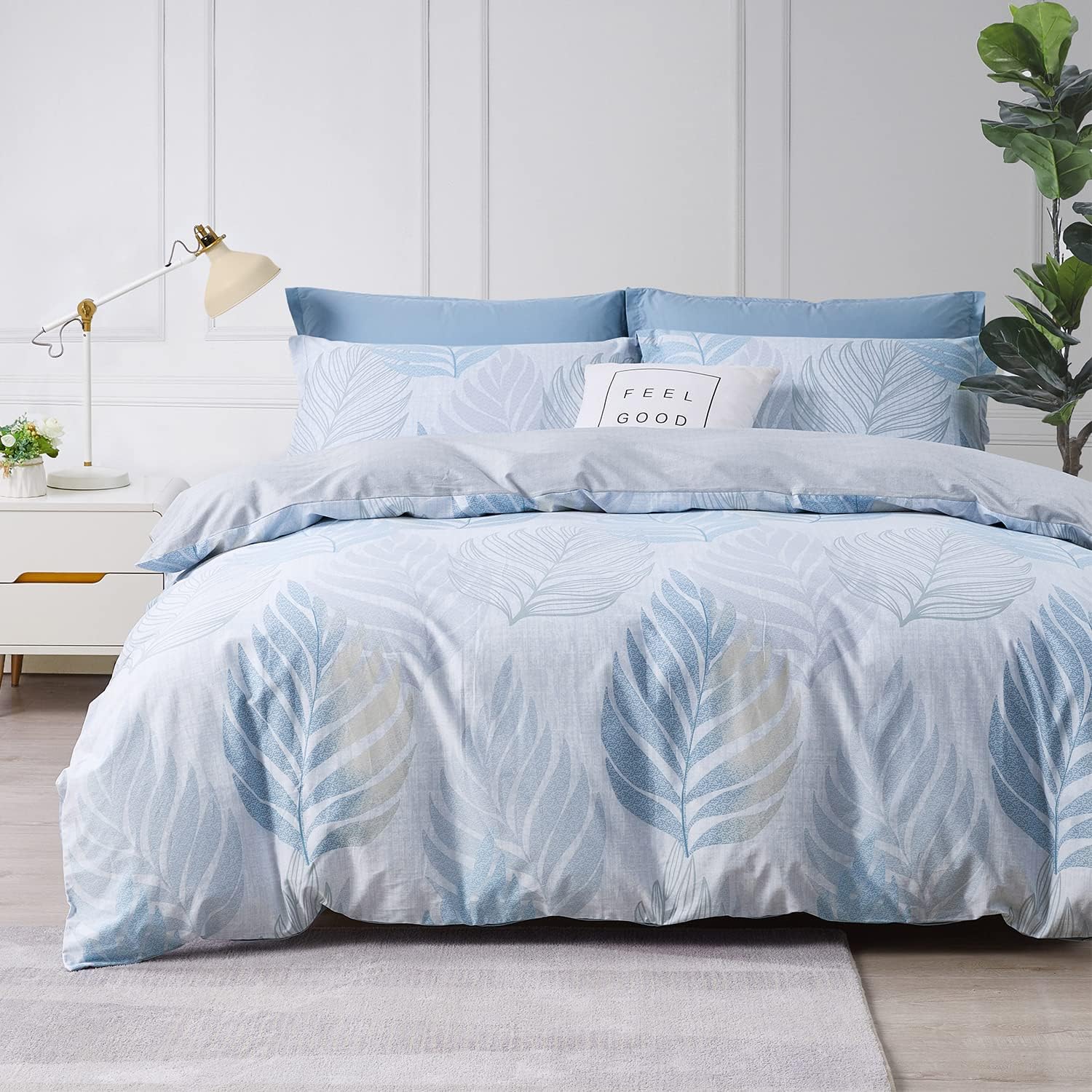 SAPHREAS Blue Palm King Size Duvet Covers Set 100% Cotton 3 Pieces Floral Comforter Cover Set 1 Duvet Cover 2 Pillow Shams(No Comforter)