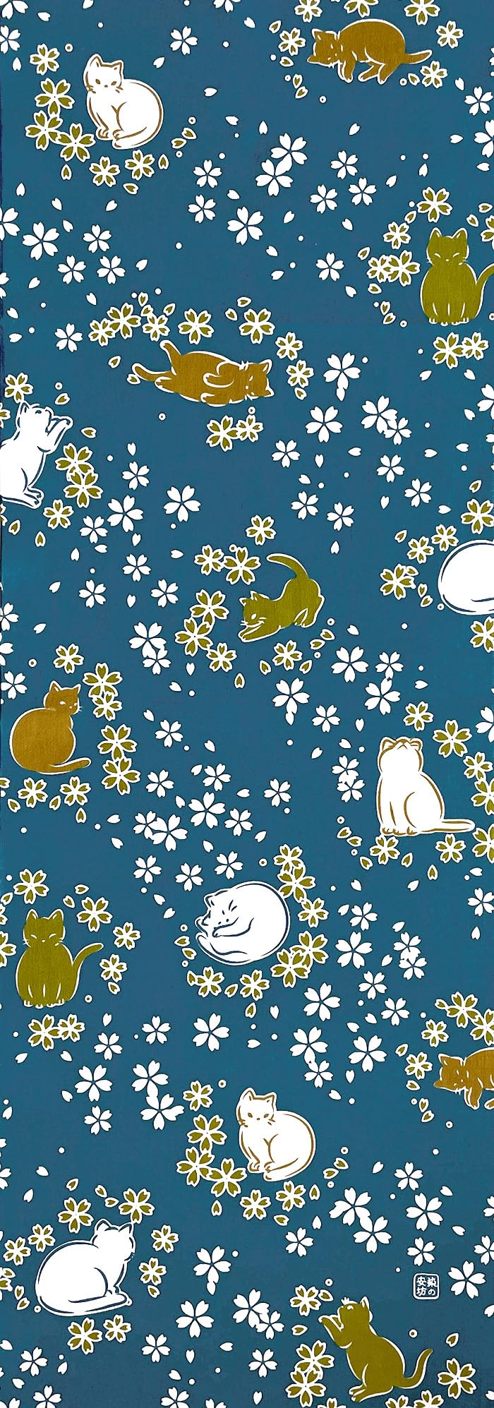 Indigo 染の安坊 Dyed Anbo Tenugui Sakura Cat Book Dyed, 100% Cotton, Tokuoka, Made In Japan, 13.8 X 39.4 Inches (35 X 100 Cm)