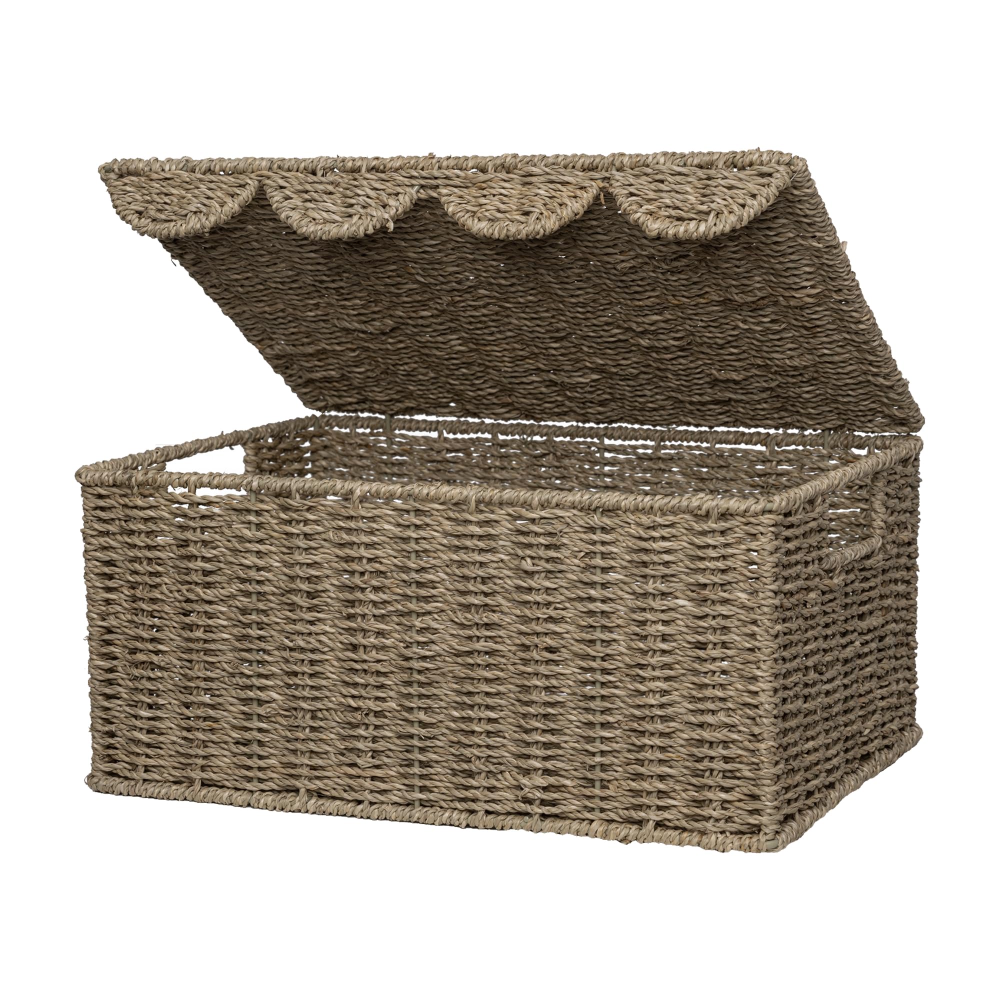 StorageWorks Wicker Storage Basket with Scalloped Edge Lid, Wicker Basket with Built-in Handles, Handwoven Seagrass Box for Décor, 13" L x 9 ½" W x 6" H