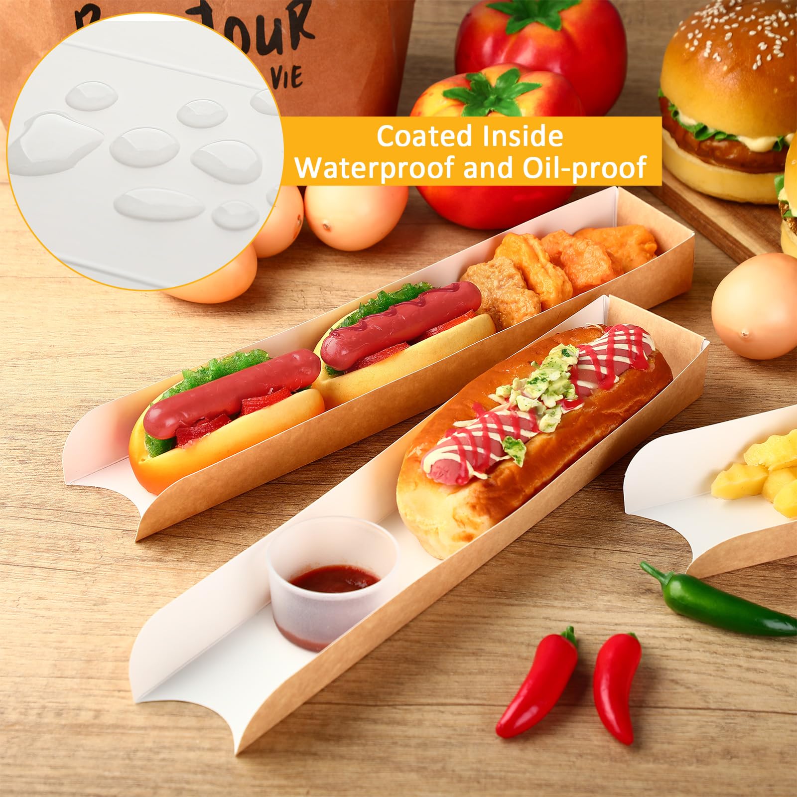 Layhit Lot de 100 plateaux jetables en papier kraft marron pour hot-dog - 30 x 5 x 3 cm - Pour nachos, tacos, frites, barbecues, festivals, fêtes (marron)