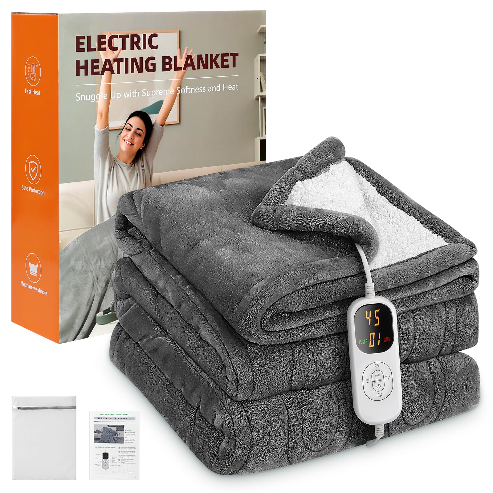 Charmofun Coperta Termica Elettrica, 130X180CM Termocoperta Matrimoniale con Spegnimento Automatico, 8 Temperature, Timer 12H, Riscaldamento Rapido, Lavabile, Plaid Elettrico Per Divano, Letto