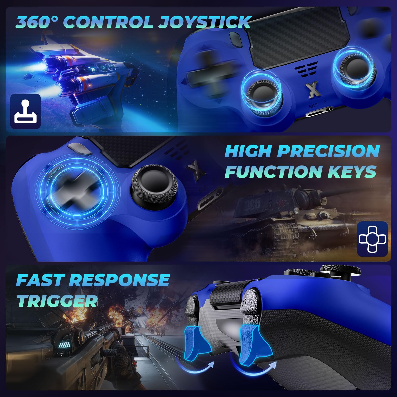 Glitfix Wireless Controller for P4, Game Controller for P4/Pro/Slim/PC, Bluetooth Gamepad Joystick with Vibration Touch Panel, Upgraded Six-Axis Sensor, 3.5mm Audio Jack (Dark blue) — view 3