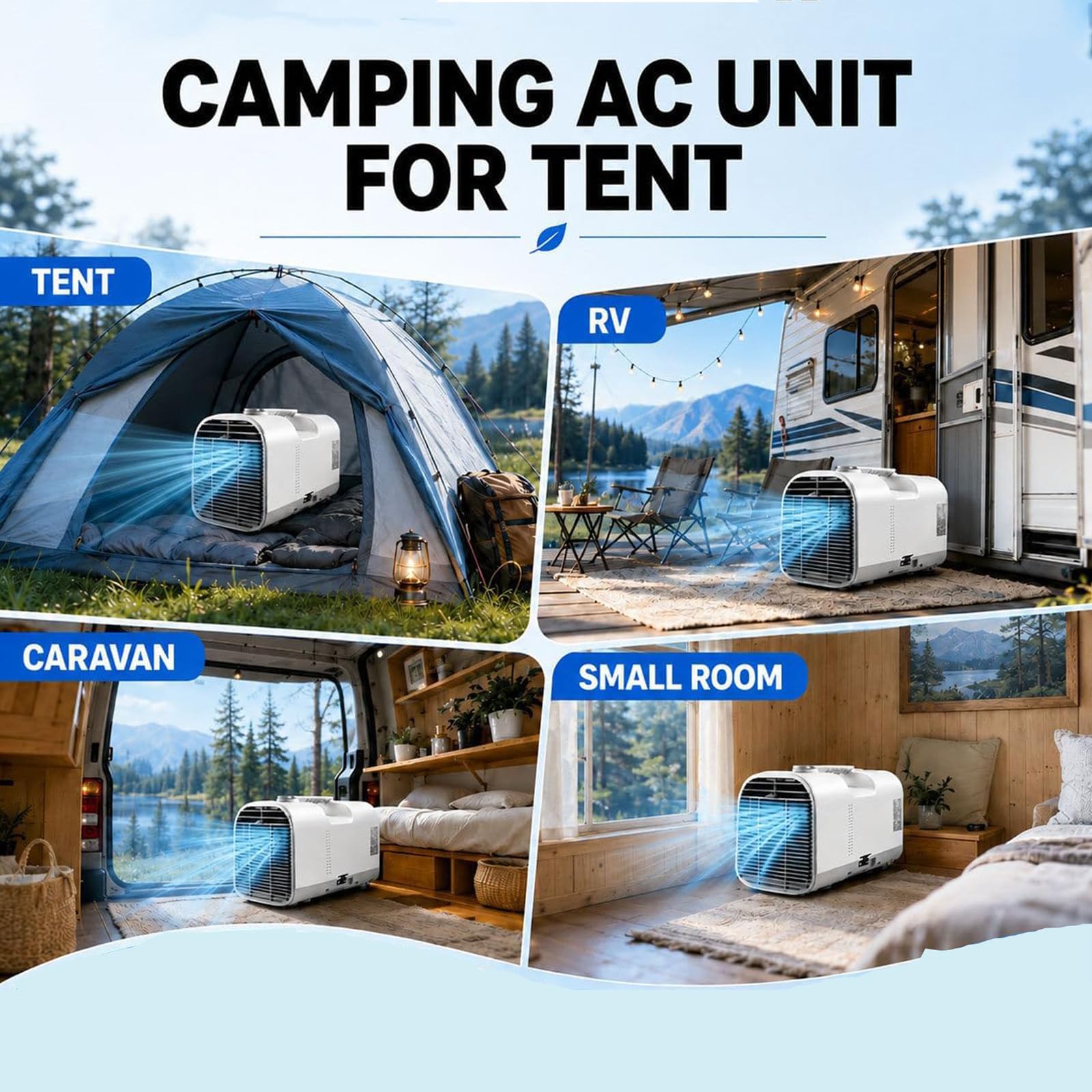 Tragbare Klimaanlage mit Abluftschlauch, Mobiles Klimagerät für Camping, 4-in-1 Luftkühler & Luftentfeuchter, 12H Timer, Kompakt für Wohnwagen, LKW, Kleines Zimmer 1300W