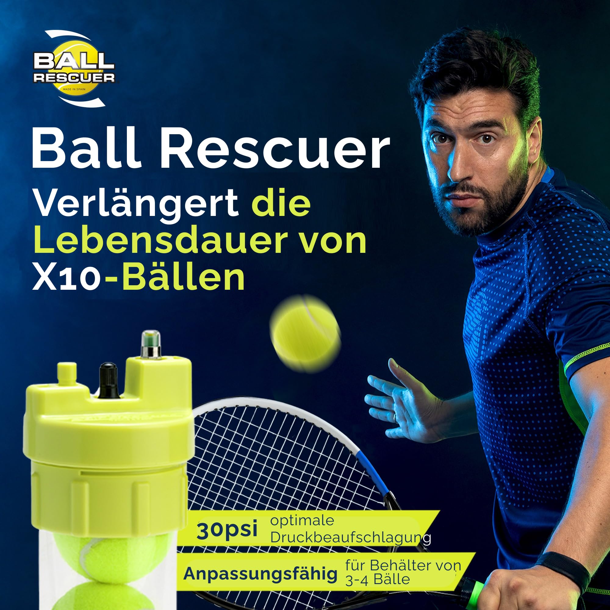 Ball Rescuer verwandelt die Dosen für drei oder vier Padel-oder Tennisbälle zu einem 30- PSI Druckbehälter. ( Verpackung nicht im Lieferumfang enthalten)