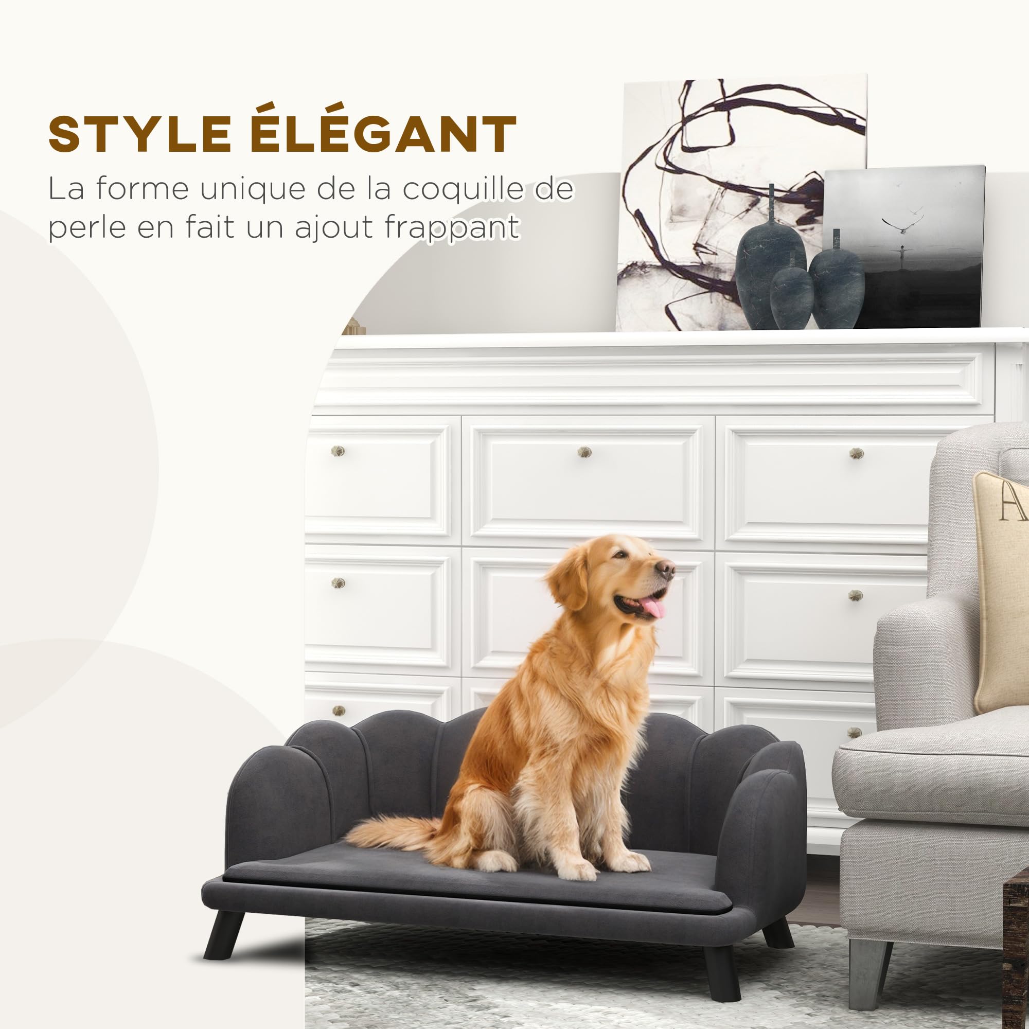 PawHut Canapé Chien lit pour Chien Chat Design Contemporain Coquillage dim. 98L x 60l x 35H cm Coussin Moelleux Velours Gris