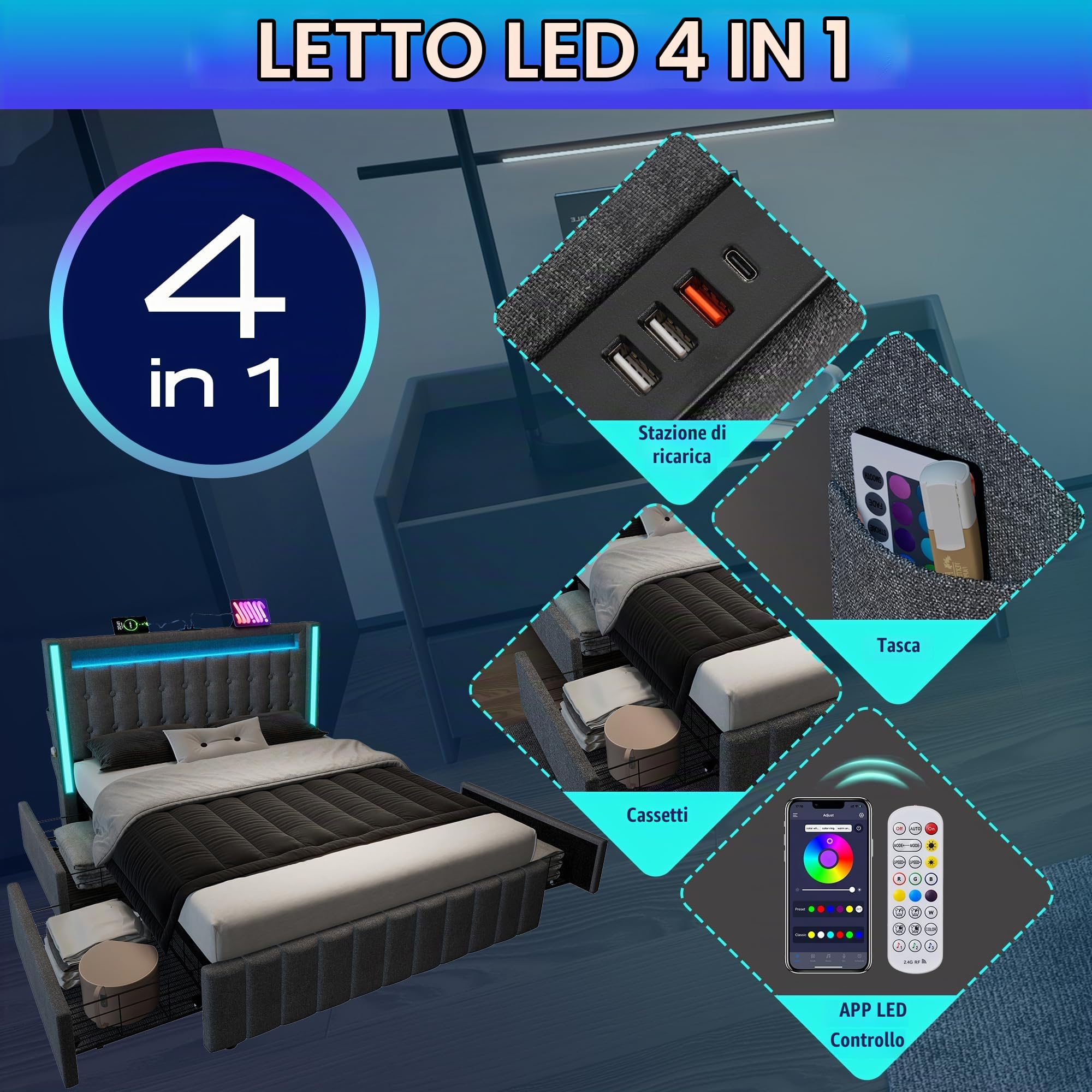 Rtopsu Letto Imbottito Letto Matrimoniale 140x200 cm con LED e USB Typ C Testata, Letti con 4 Cassetti, Struttura del Letti con Metallo e Rete a Doghe in Legno, Lino, Grigio, Senza Materasso