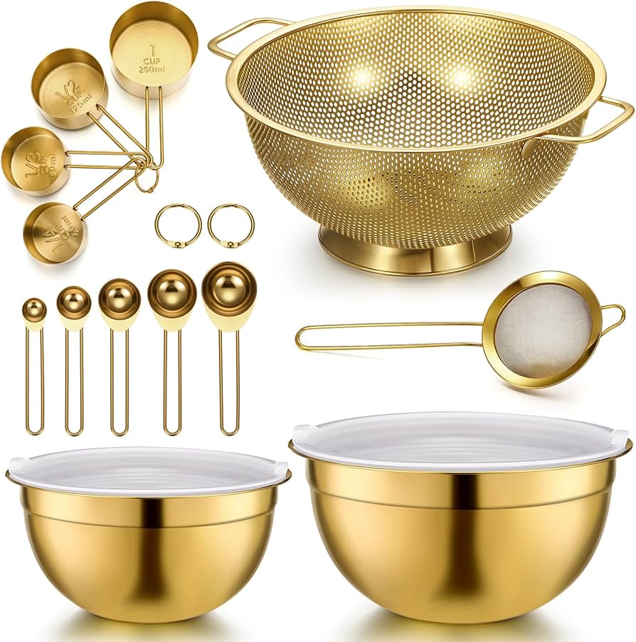 LemonRoad Gold Kitchen Accessories Set Includes 4 Quart Stainless Steel Colander, 3 Qt 5 Qt Gold Mixing Bowls with Airtight Lids, 1 Set Stainless Steel Measuring Cups and Spoons and Fine Mesh Strainer