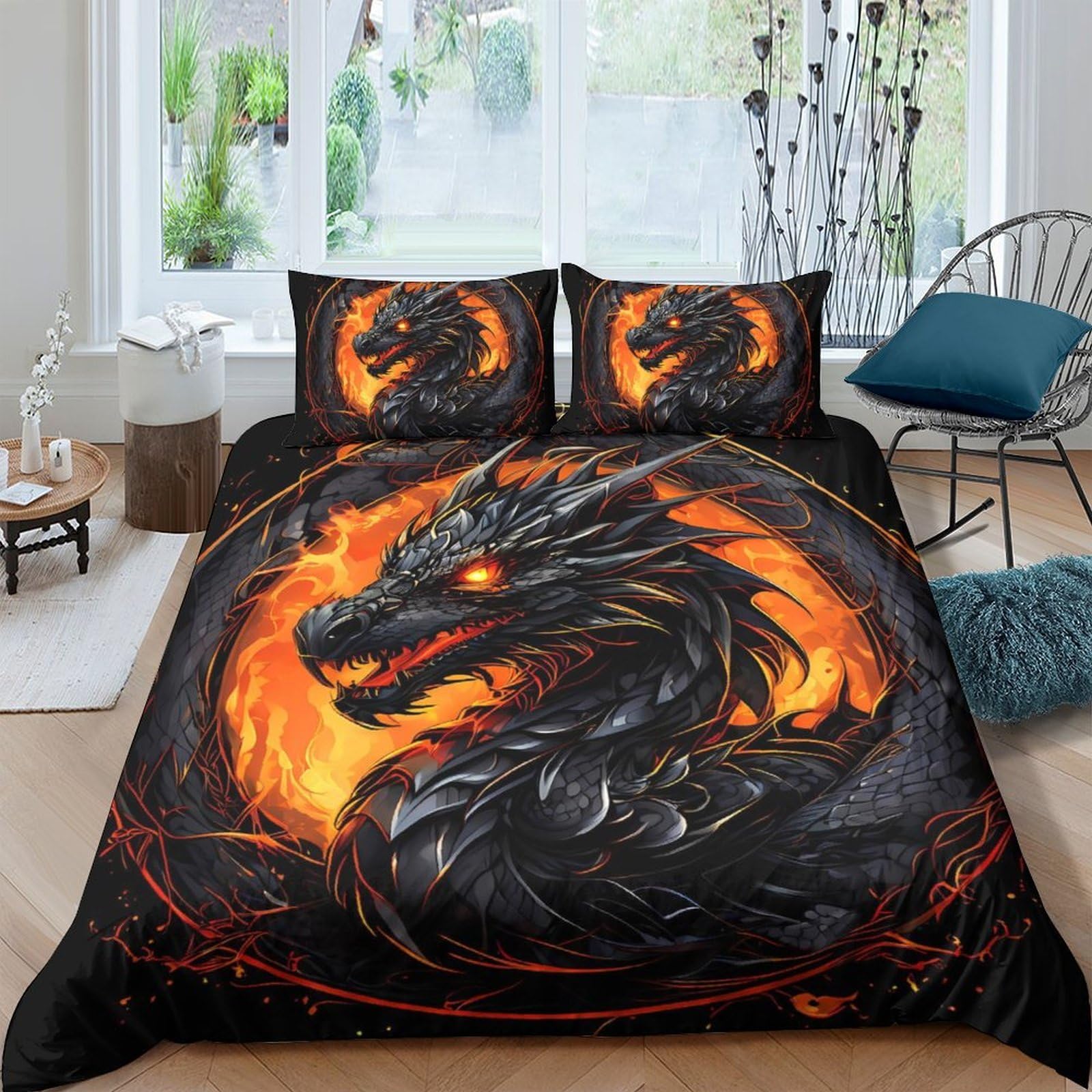 Ctjqhvkz Style-2 3D Printed Black Dragon Fitted Sheet Microfiber Soft Orange Flame Bed Cover For Bedroom Dorm Mattress Protection Decor Single（135X200cm）