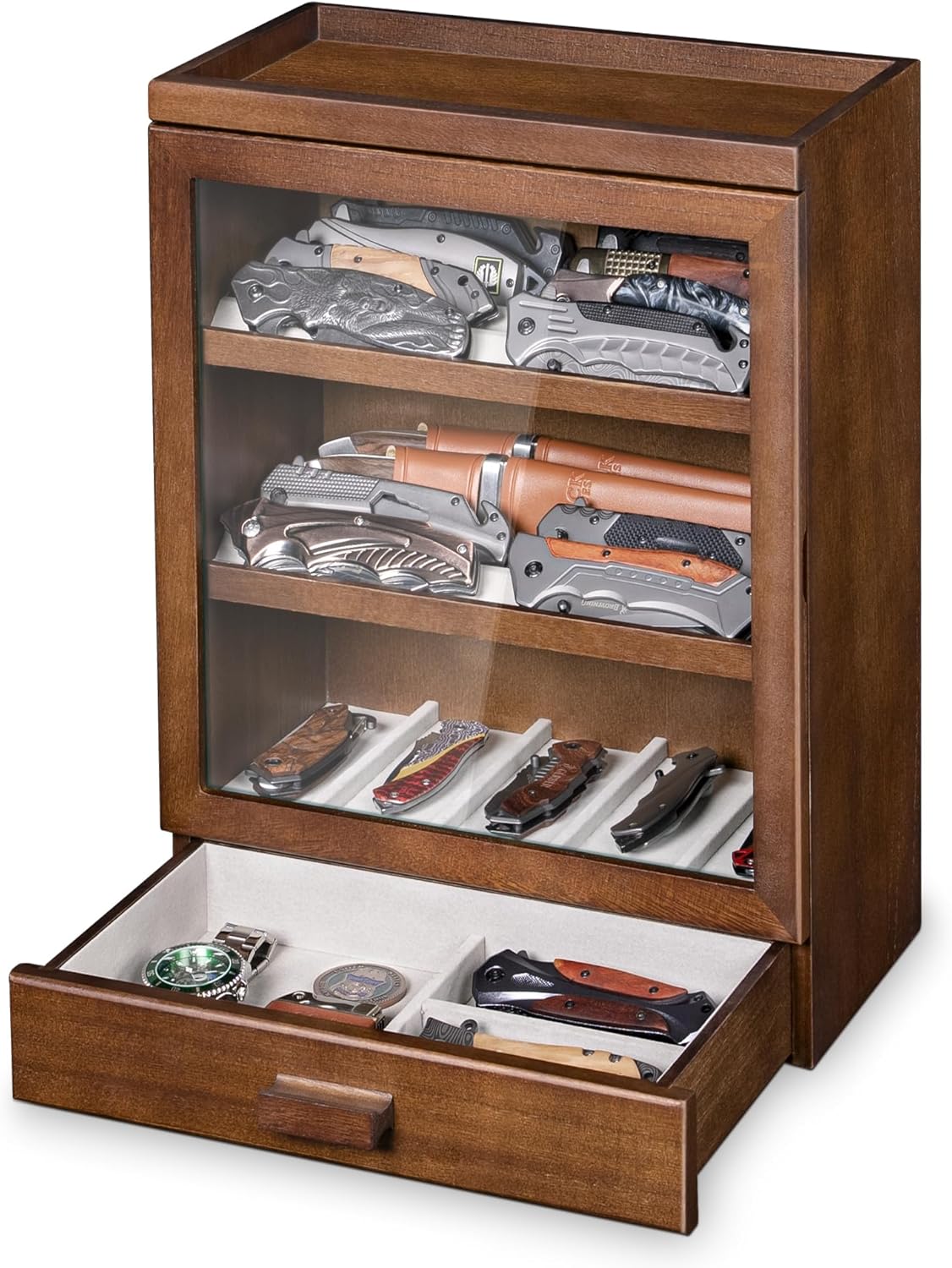 Pocket Knife Display Case for 25 Knives, Large Wooden knife Cases for Collections, Vertical Knife Storage Case with Acrylic transparent panel for Men Gifts (Walnut)