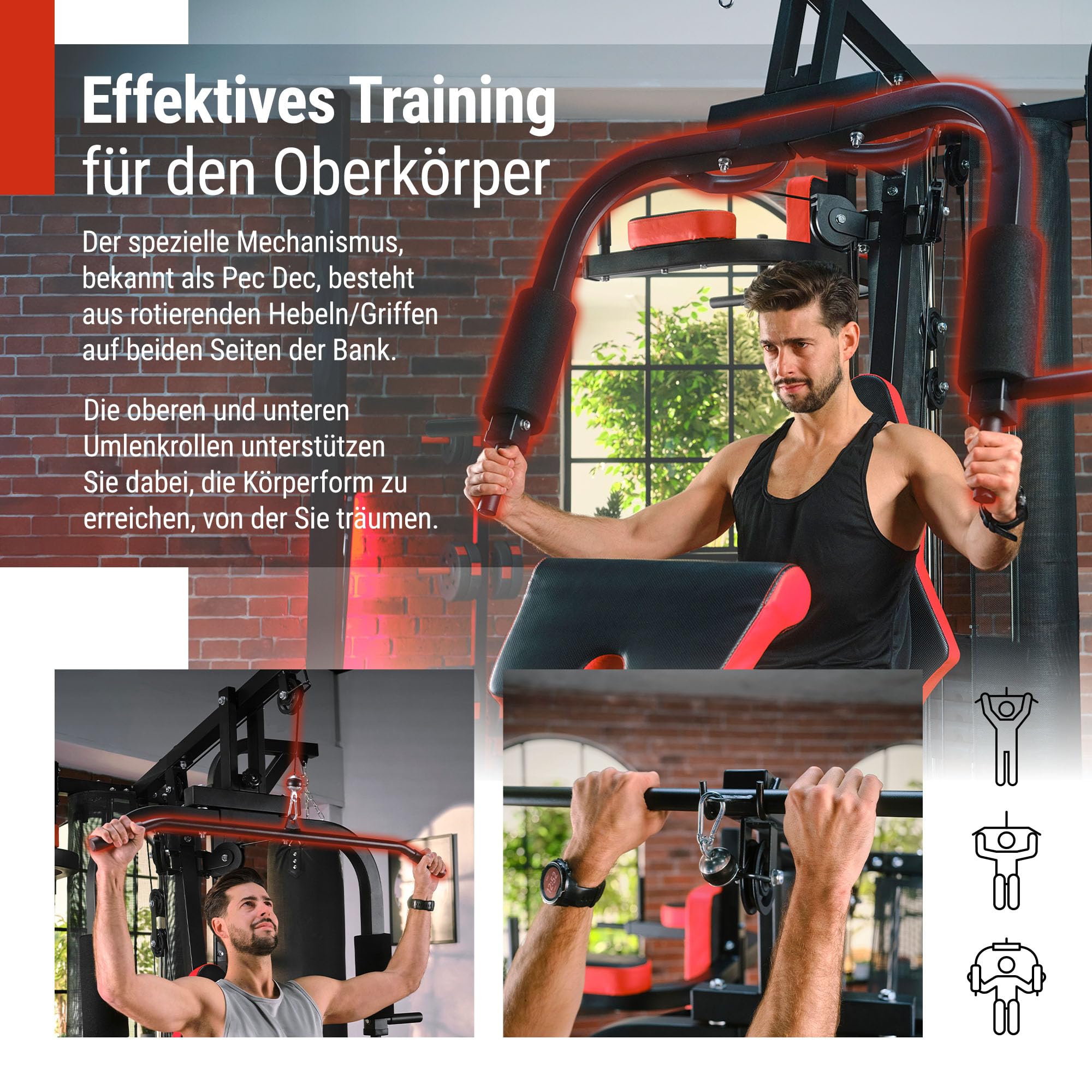 Hop-Sport Kraftstation für Zuhause, Fitnessstation Home Gym mit 72 kg Gewichtsblock, Latzug & Kabelzug, Butterfly, Dip-Station, Curlpult, klappbare Schrägbank, Boxsack inkl. Handschuhe