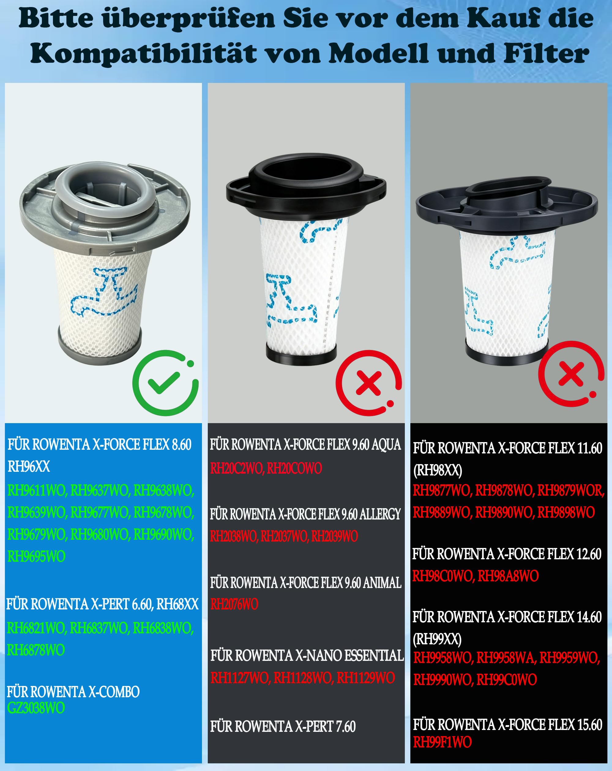Confezione da 4 filtri Compatibile con Rowenta X-Force Flex 8.60 RH96 Serie RH9611 RH9637 RH9638 RH9639 RH9677 RH9678 & X-PERT 6.60 RH68 Serie RH6821 RH6837 6838 RH6878 Cordless Aspirapolvere