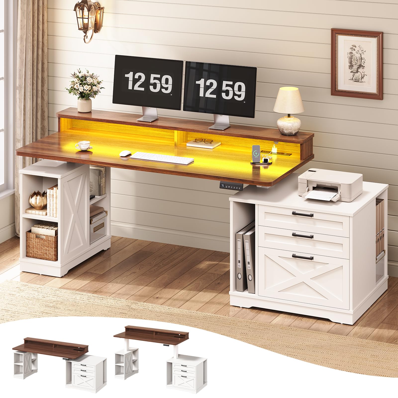 SEDETA Farmhouse Electric Standing Desk 55 Height Adjustable Computer Desk with 3 Drawers File Cabinet Storage Shelves Power