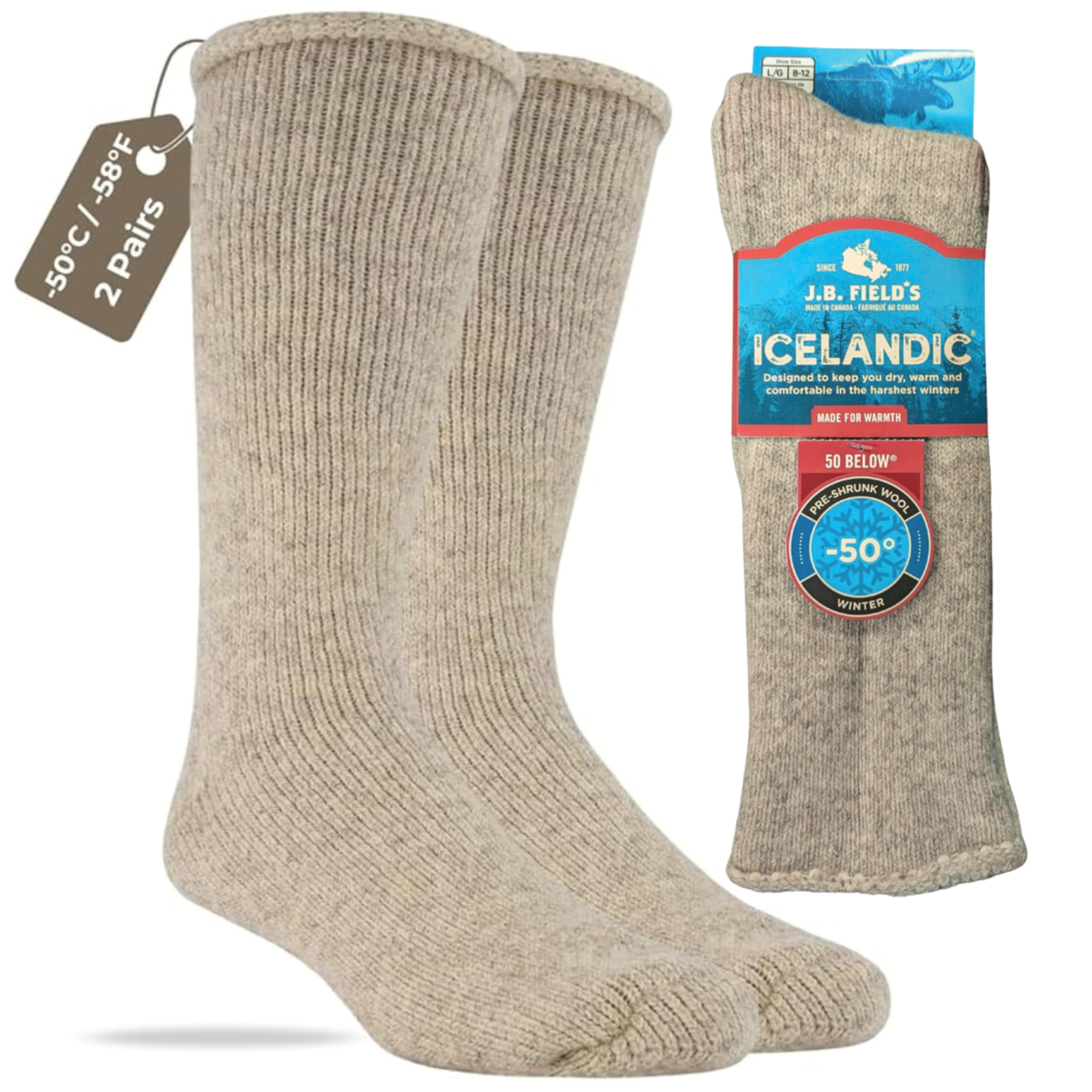 J.B. Field's ICELANDIC -50 BELOW WOOL WINTER SOCKS (2 Pairs) (Beige, Large (8-12 Shoe)), Beige, Large-X-Large