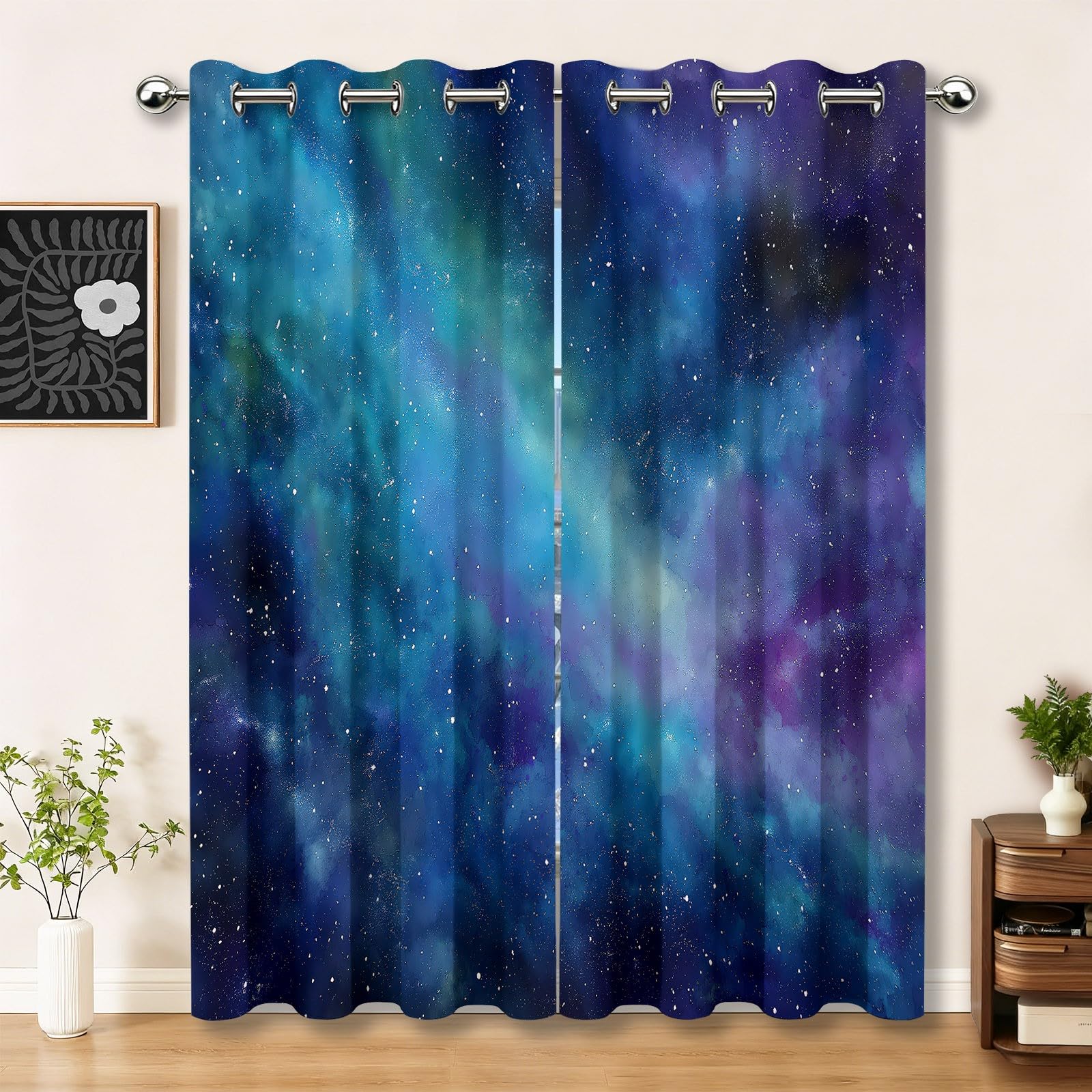 Bedruckte Blickdichte Vorhänge Blau, Galaxie Aquarell Universum Sterne Muster Wärmeisoliert UV-Schutz Vorhänge mit Ösen - H 175 x B 140 cm (2er Pack) Farbecht Vorhang für Wohnzimmer Schlafzimmer