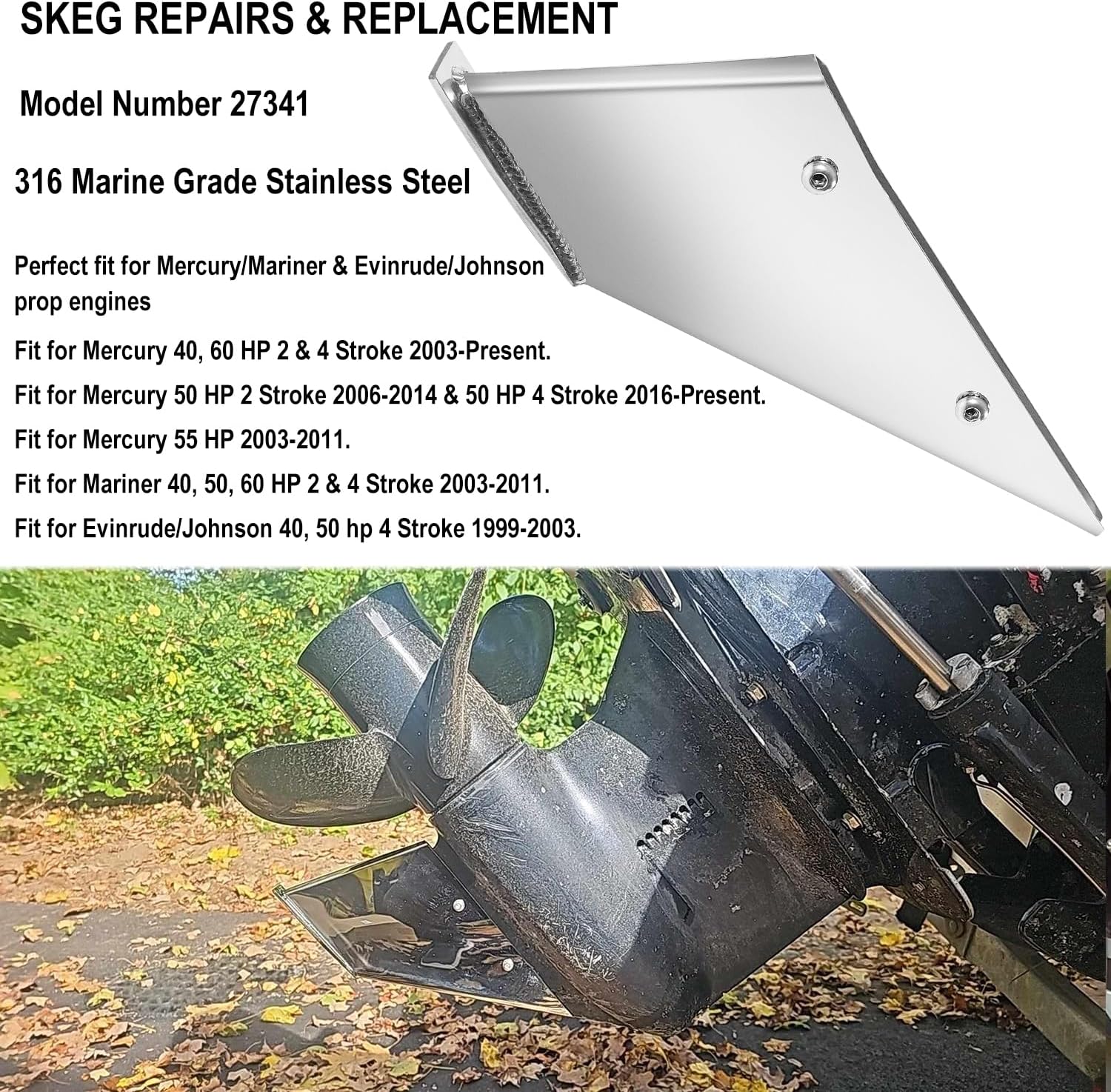 27341 Skeg Guard Safe-Skeg Protector Repair Kit Fit for 2003-2023 Mercury & Mariner 40 50 60 HP 2 & 4 Stroke, for 1999-2003 Johnson Evinrude 40 50 HP Inboard Skeg Protection