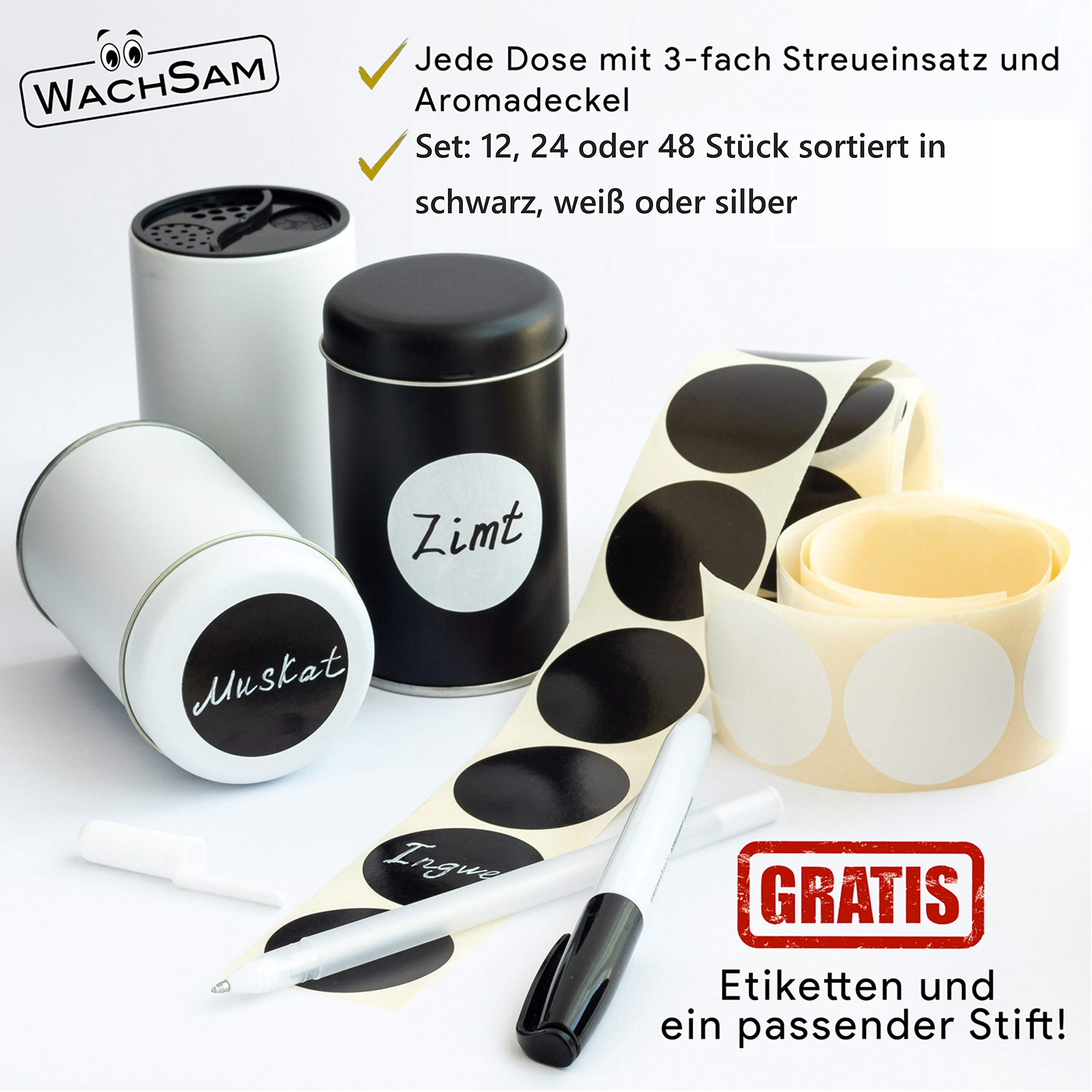 WachSam 12/24/48 Gewürzdosen Schwarz 175 ml mit 3-Fach Streueinsatz | Luftdicht verschließbar | Top Qualität aus Österreich und Deutschland