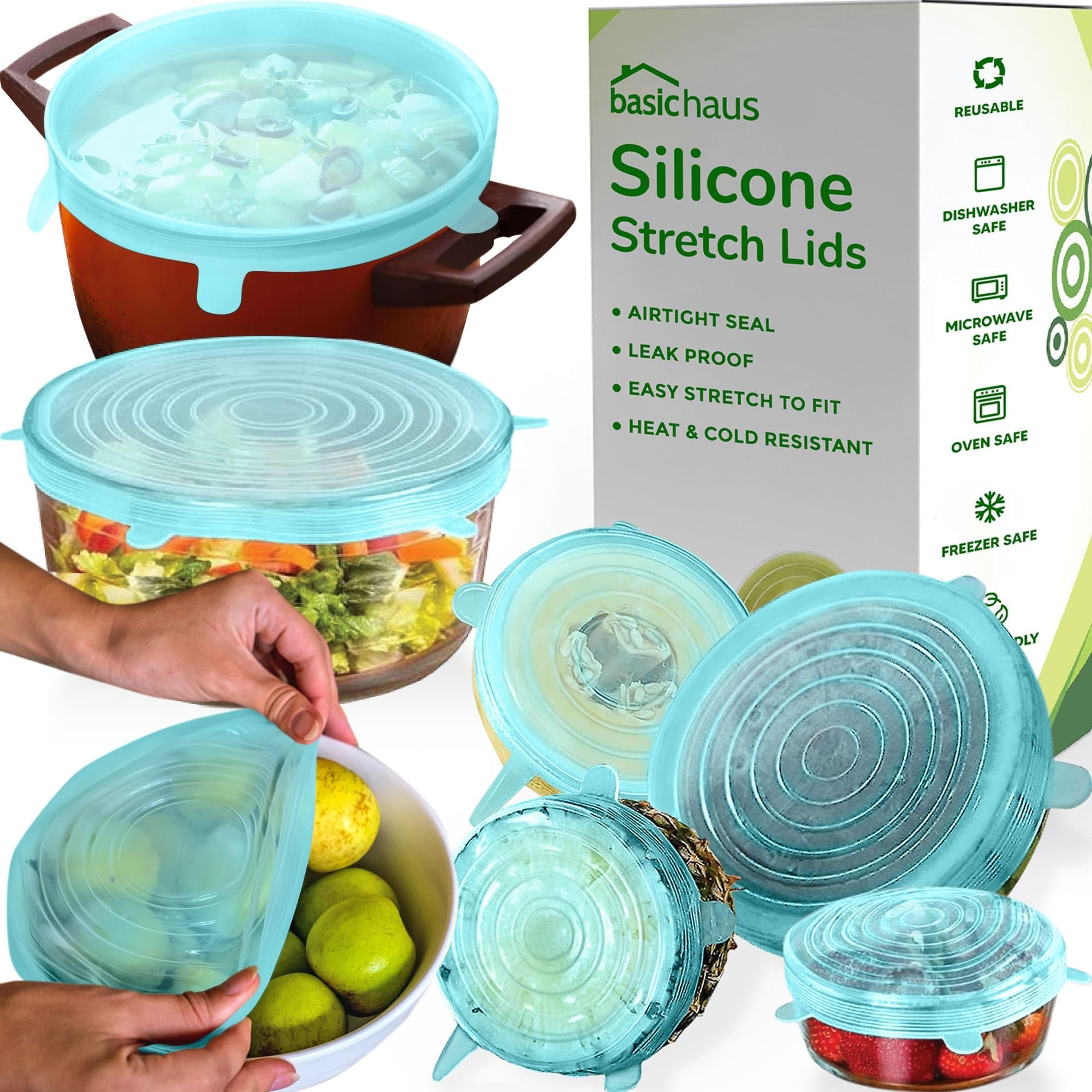 Reusable Silicone Stretch Lids for Food Storage in Fridge - Elastic Heat-Resistant Bowl Covers, Cups, Cans, Jars - Universal Food Grade Lid for Containers - 7 Pack - Light Green Stretchy Lid Set
