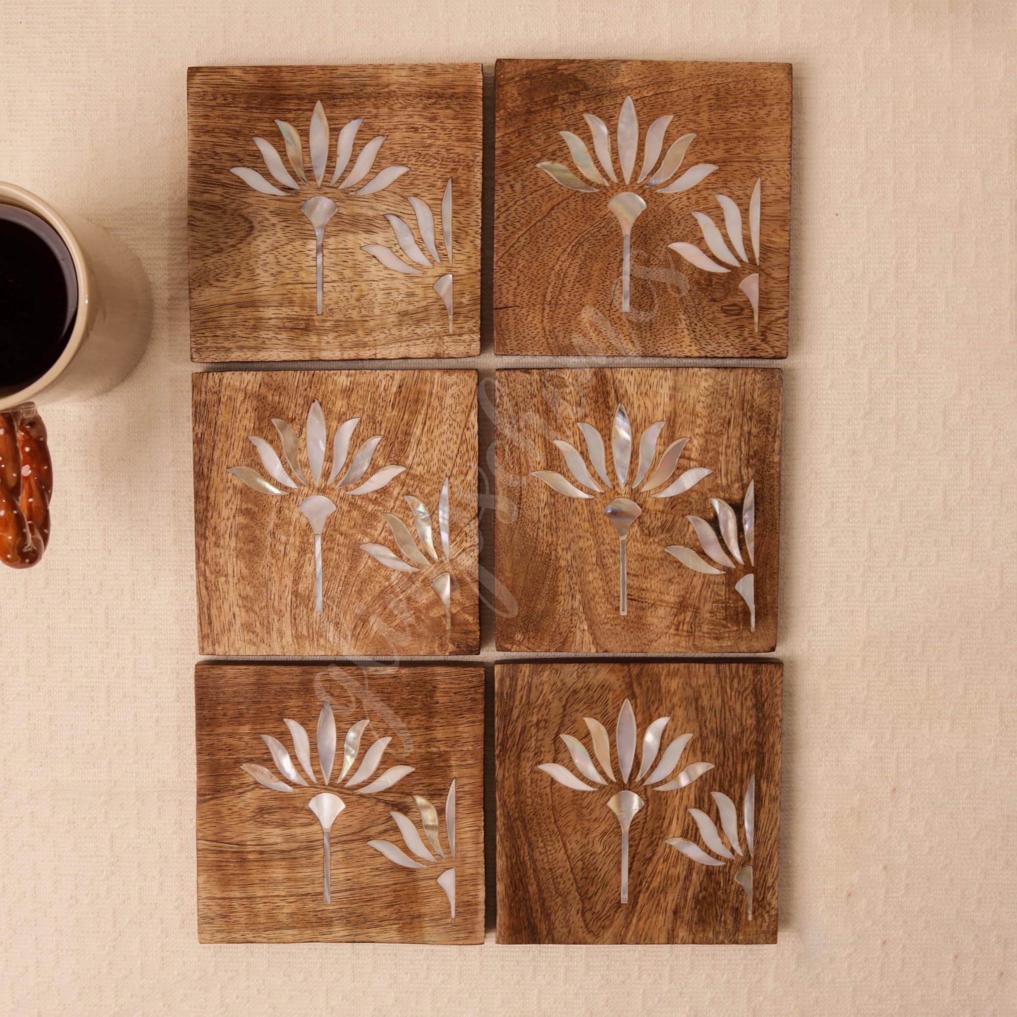 Glimpse Homes Pearl Blossom Wooden Coasters | Handmade with Mother of Pearl Inlay (6)-image-9