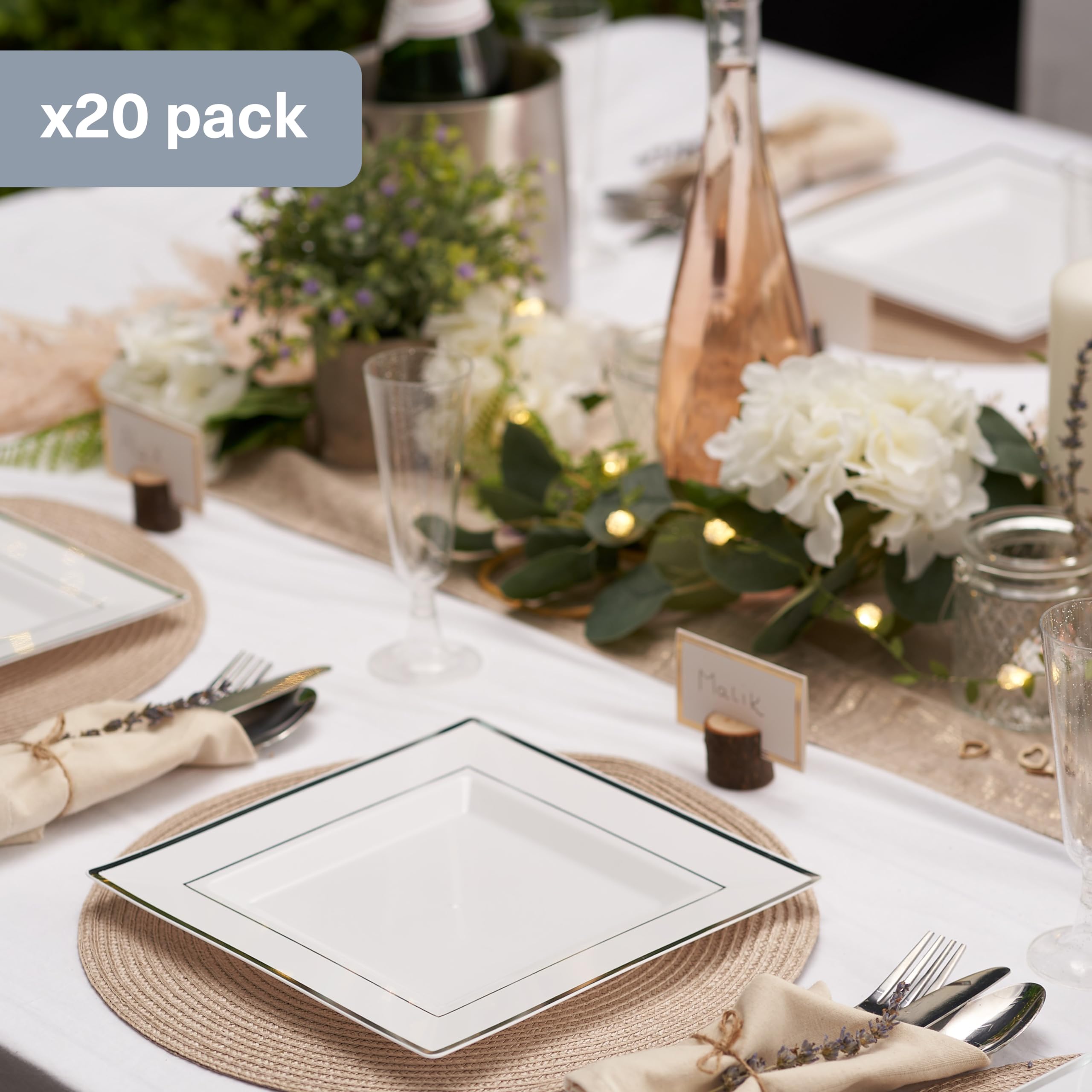 MATANA 40 Witte Vierkante Plastic Borden Met Zilveren Rand Voor Bruiloften Verjaardagen Doopfeesten Kerstmis En Feesten 2 Maten 20x24 Cm 20x16.5 Cm Stevig Herbruikbaar