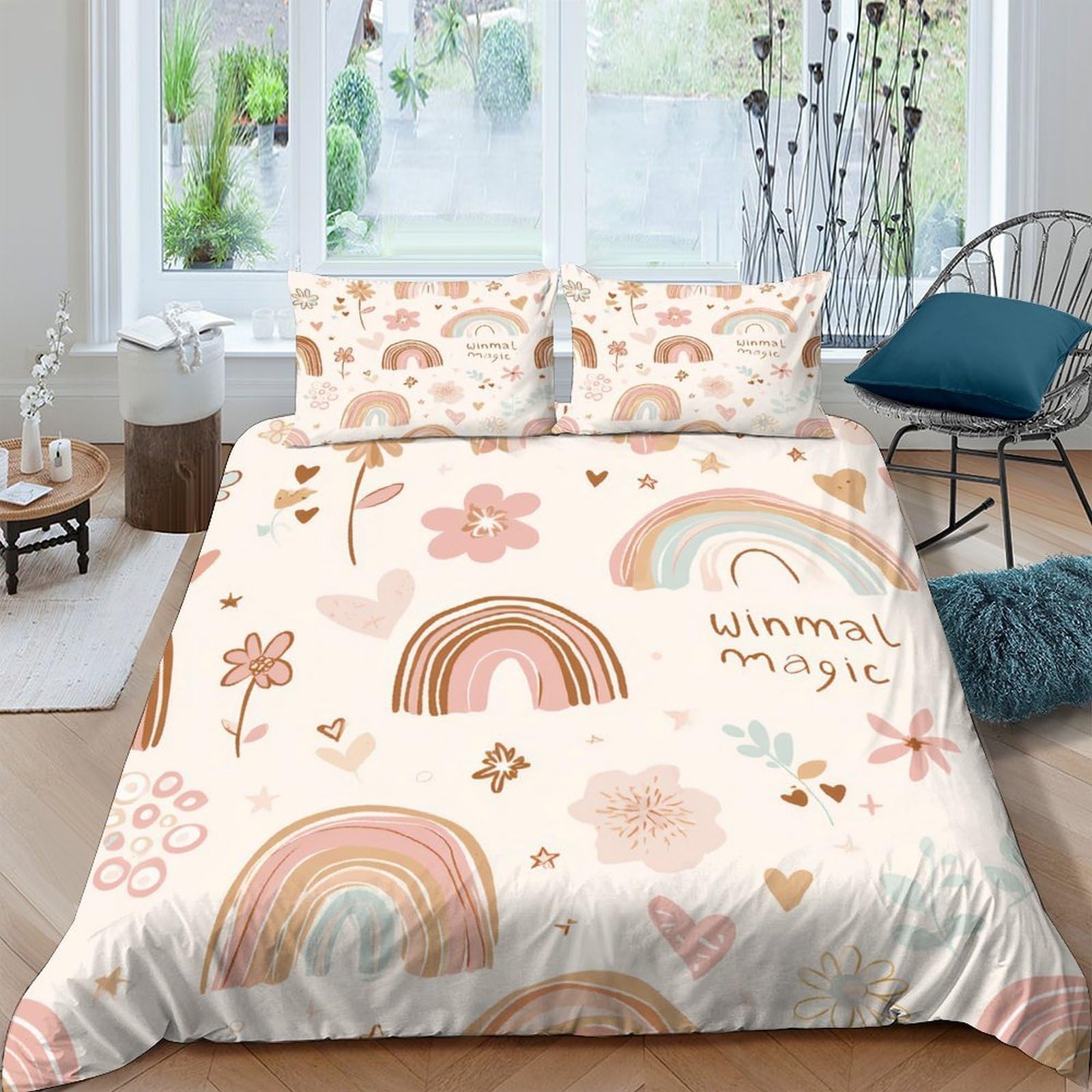 P5V6M1Q9 3D Printed Pastel Rainbow Duvet Cover Microfiber Soft Floral Bedding Set with 2 Pillowcases for Bedroom Decor Single（135x200cm）