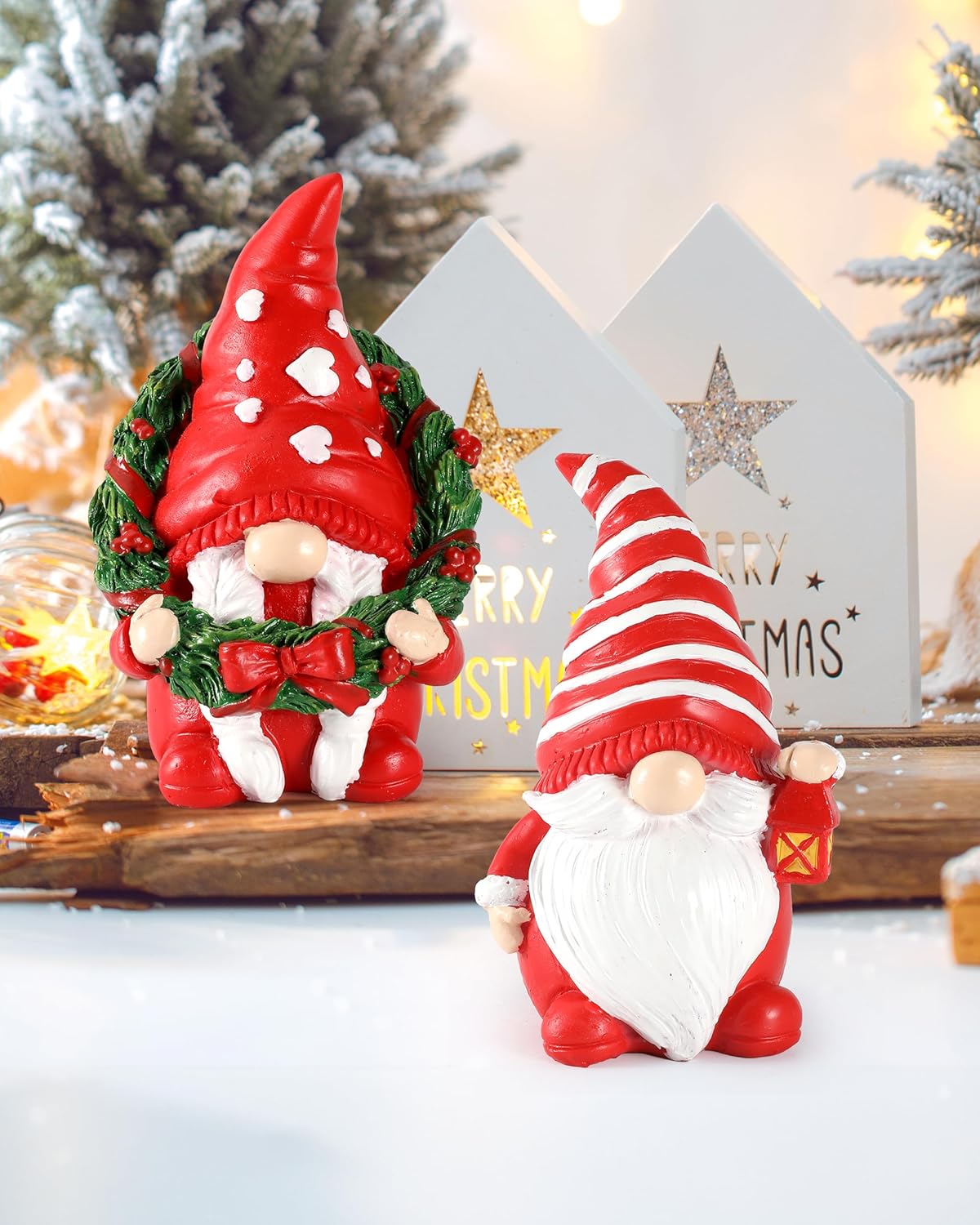iStatue Set of 2 Resin Christmas Gnomes, 4.3'' Adorable Hand-Painted Tabletop Tomte Collectible Figurines Christmas Decorations for Home and Garden (Xmas)