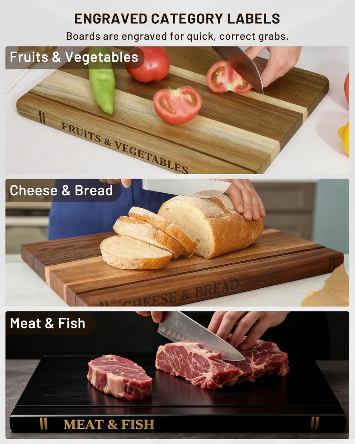 Book Cutting Board Set 3-Piece - Wooden Cutting Boards That Look Like Books with Stand, Acacia Wood Chopping Board for Meat