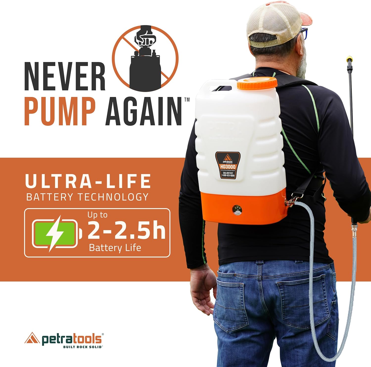 User wearing the PetraTools HD3000 backpack sprayer, demonstrating its comfortable fit and highlighting the battery-powered operation.