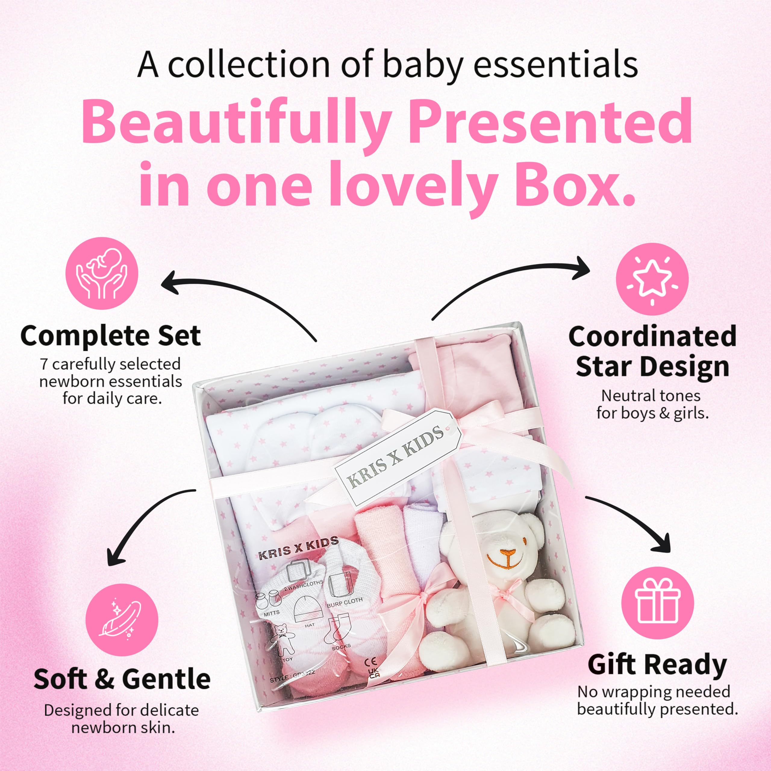 Kris X Kids Newborn Baby Girl Gift Set - 7 Piece Luxury Box (0-3 Months), Pink - Image 3