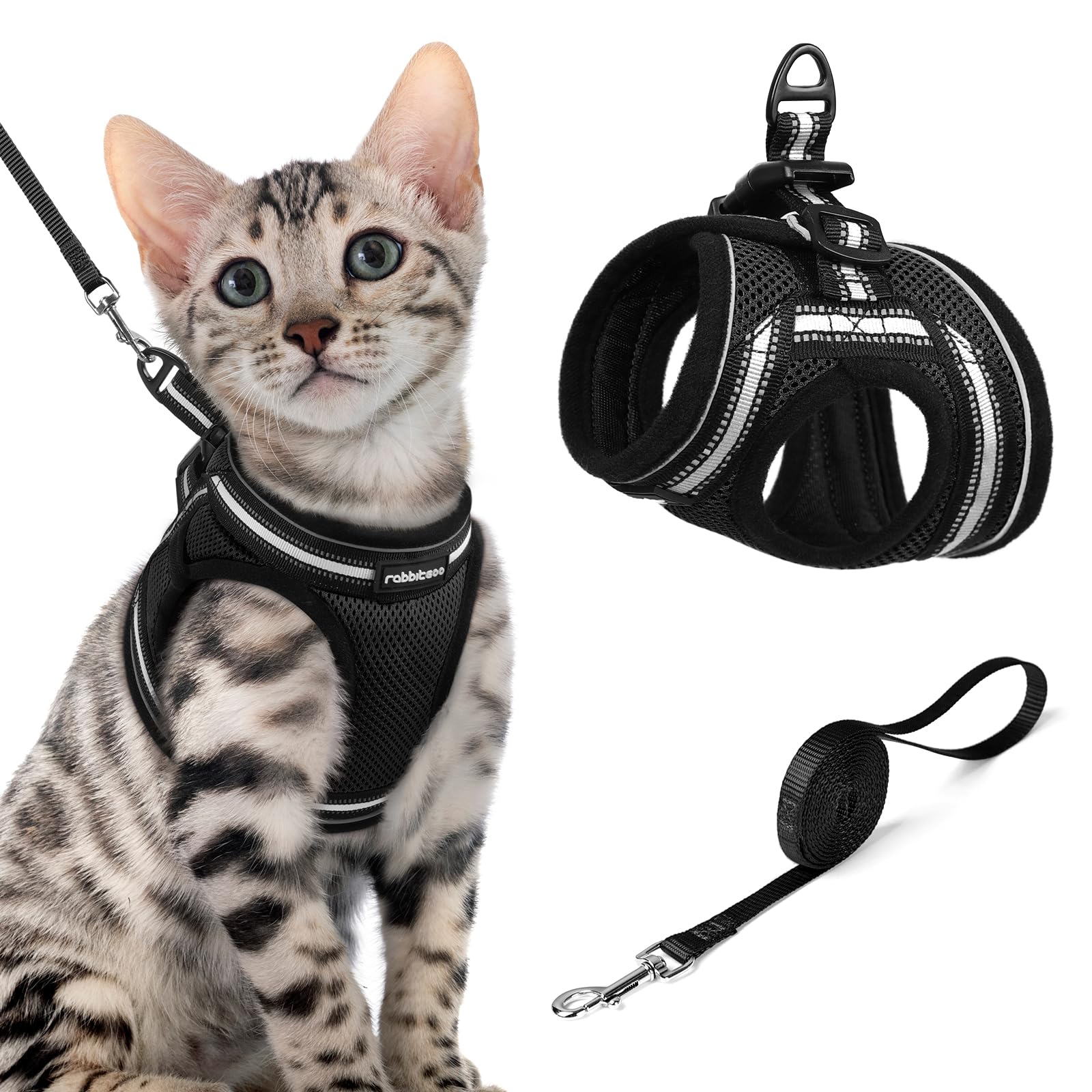 rabbitgoo Cat Harness and Leash Set for Walking Escape Proof, Adjustable Soft Kittens Vest with Reflective Strip for Cats, Comfortable Outdoor Vest, Black, Small — view 38