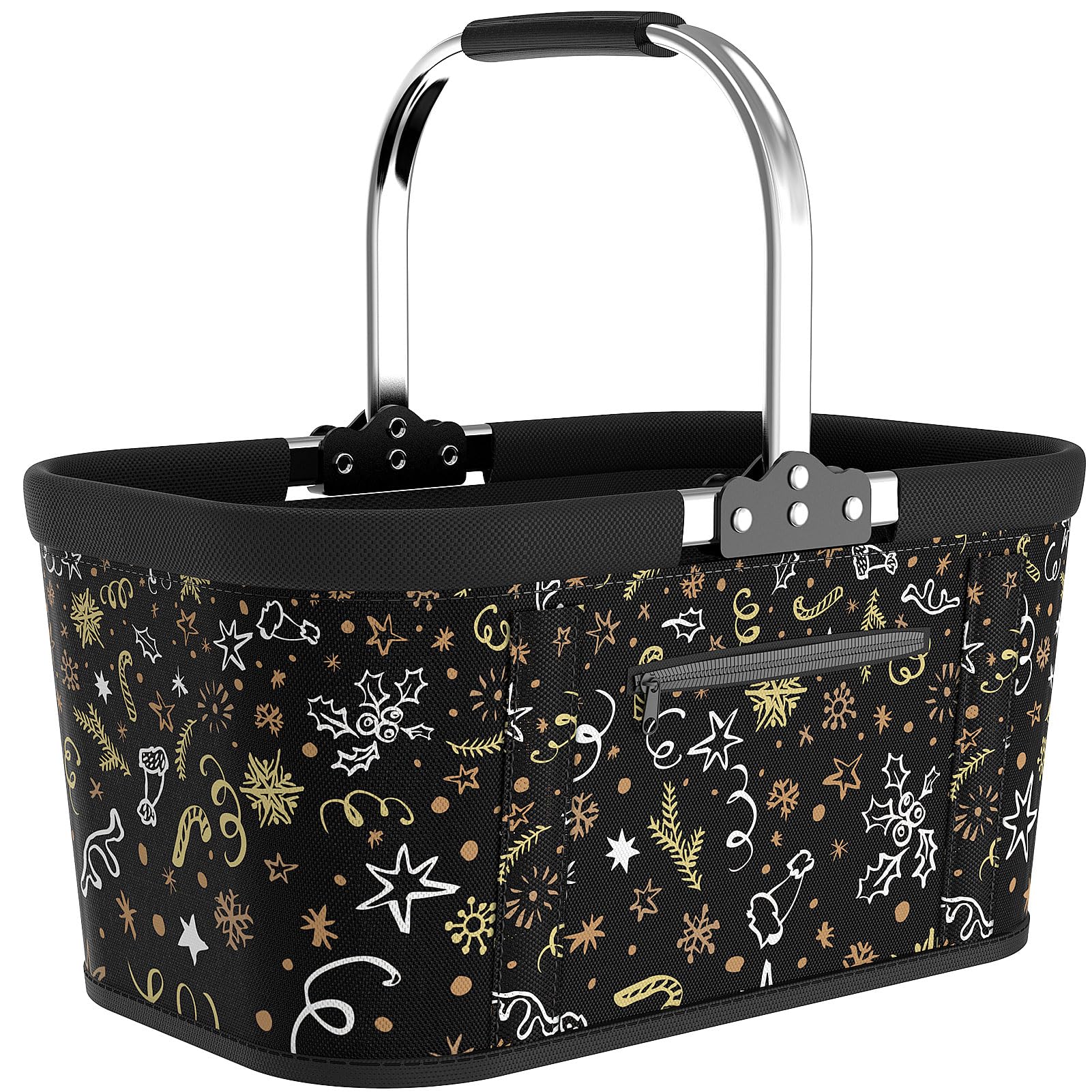 Yeabett 30L Stabiler Einkaufskorb Faltbar mit Stützstäben, Großer Tragekorb für Weihnachten, Reisen & Picknick mit Gepolsterten Griffen, Einkaufen, Geschenke(Schwarz mit Weihnachtsdruck)